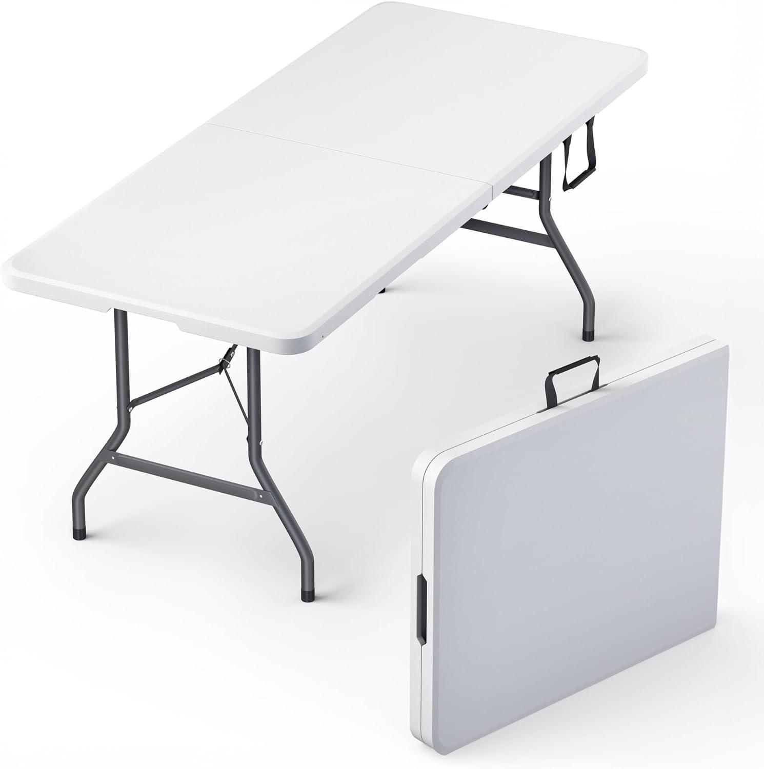 CL.HPAHKL Folding Table with Carrying Handle, Portable Plastic 6 Ft Camping Table, Sturdy Steel Frame for Indoor Outdoor, White