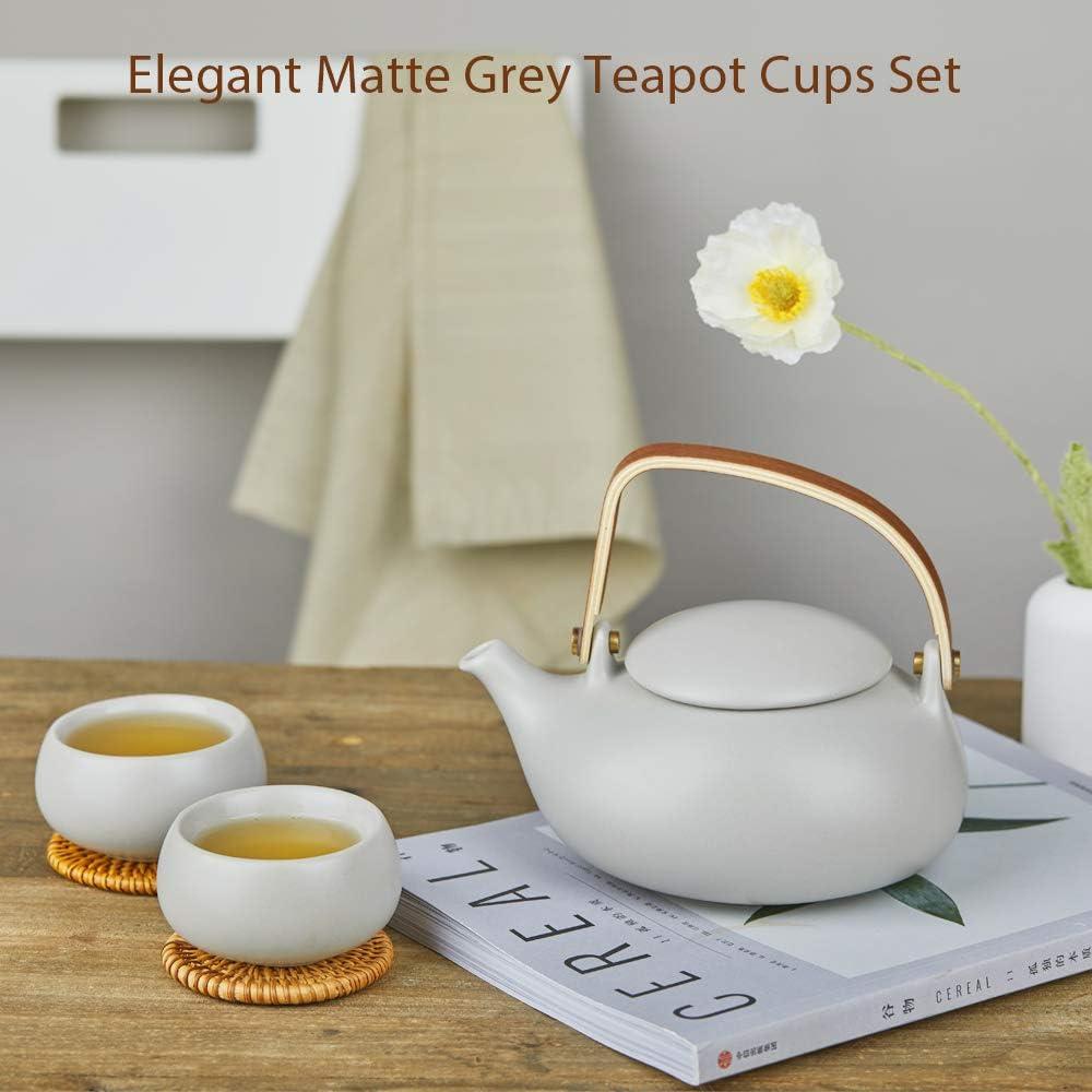 Matte Gray Ceramic Japanese Teapot with Wood Handle, 27oz