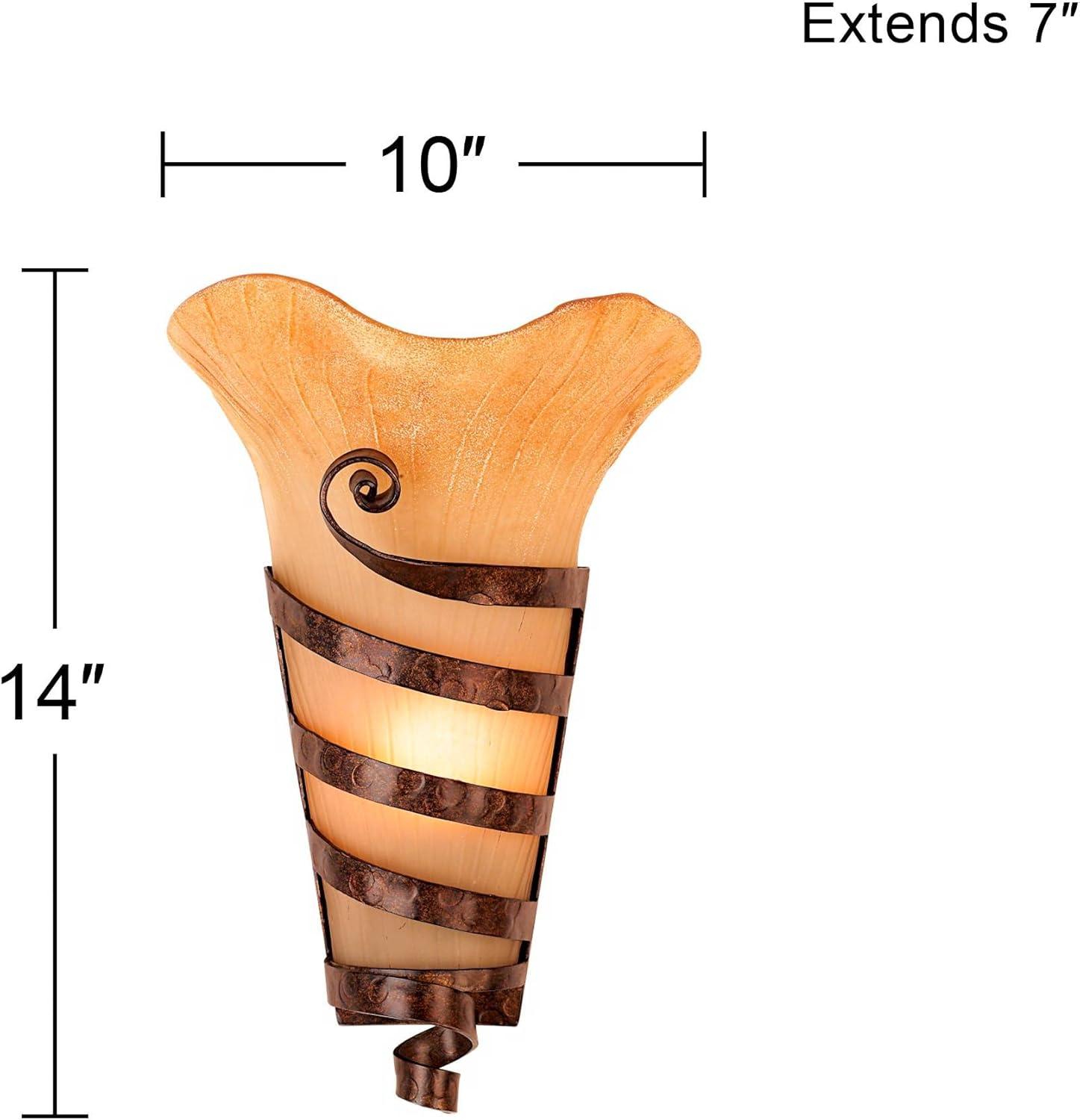 Franklin Iron Works Solara Rustic Wall Light Sconce Rust Iron Scroll Hardwire 10" Fixture Scavo Glass for Bedroom Bathroom Vanity Reading Living Room