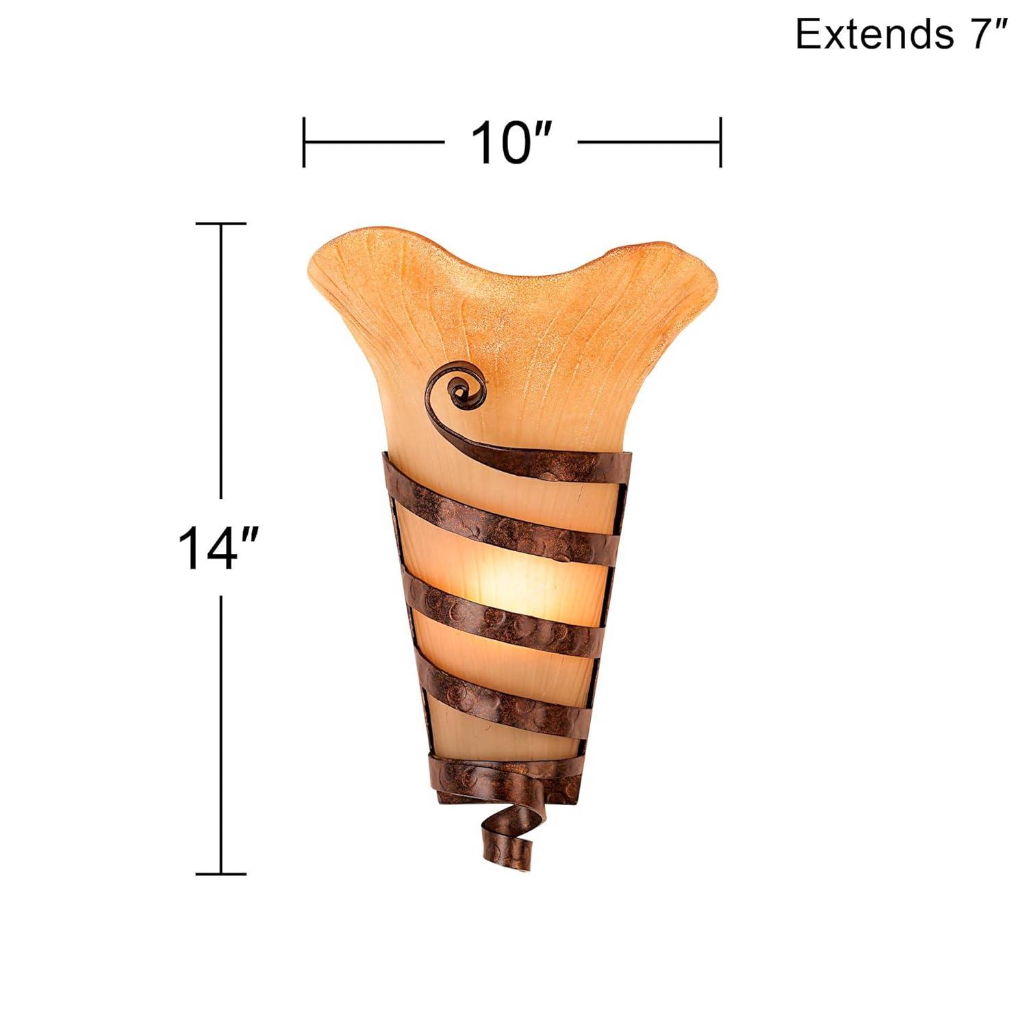 Franklin Iron Works Solara Rustic Wall Light Sconce Rust Iron Scroll Hardwire 10" Fixture Scavo Glass for Bedroom Bathroom Vanity Reading Living Room