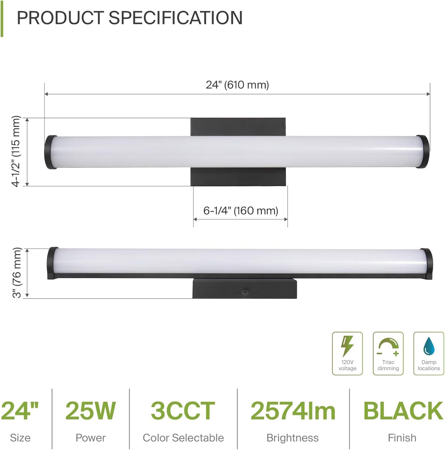 ASD LED 24 Inch Wall Mount Vanity Lighting Fixture | 25W 2600LM 3000K-5000K 120V | 3CCT, Dimmable, Energy Star, ETL Listed | Bathroom Linear Light Bar, Long Tube Bath Sconce | Black