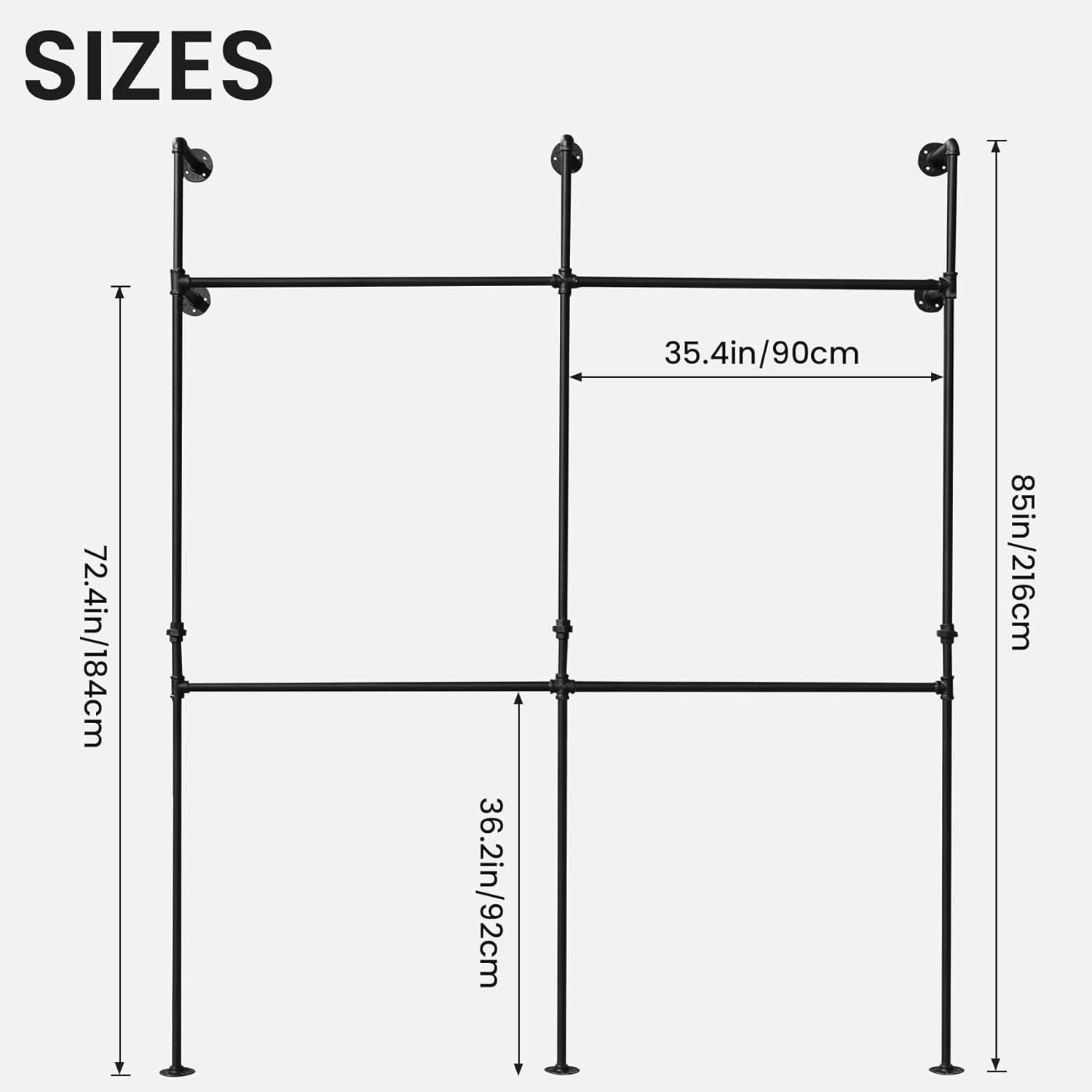 Magula Industrial Pipe Clothing Rack，Moden Commercial Grade Pipe Clothes Racks for Wardrobe, Bedroom and as Walk-in Closet System，Wall Mounted Heavy Duty Steampunk Garment Clothes Rack,Black (Double)