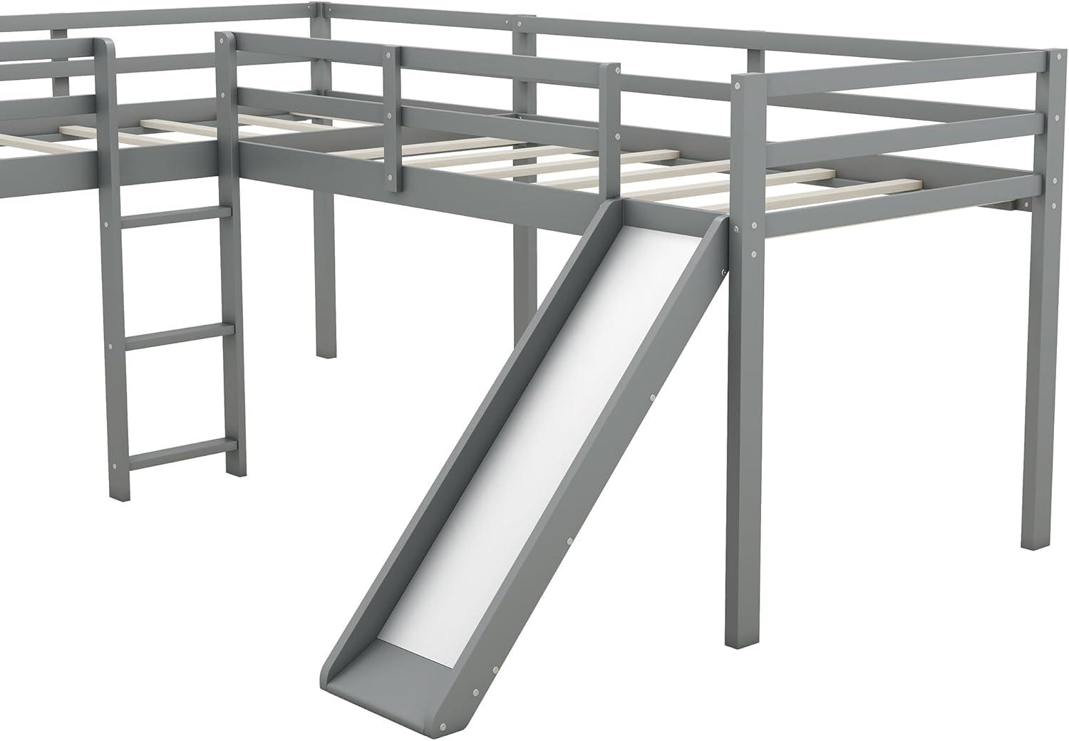 Harper & Bright Designs L-Shaped Loft Bed with Slide, Wooden Low Loft Beds for 2 Kids, Twin Size Low Loft Bed with Built-in Ladders, Gray