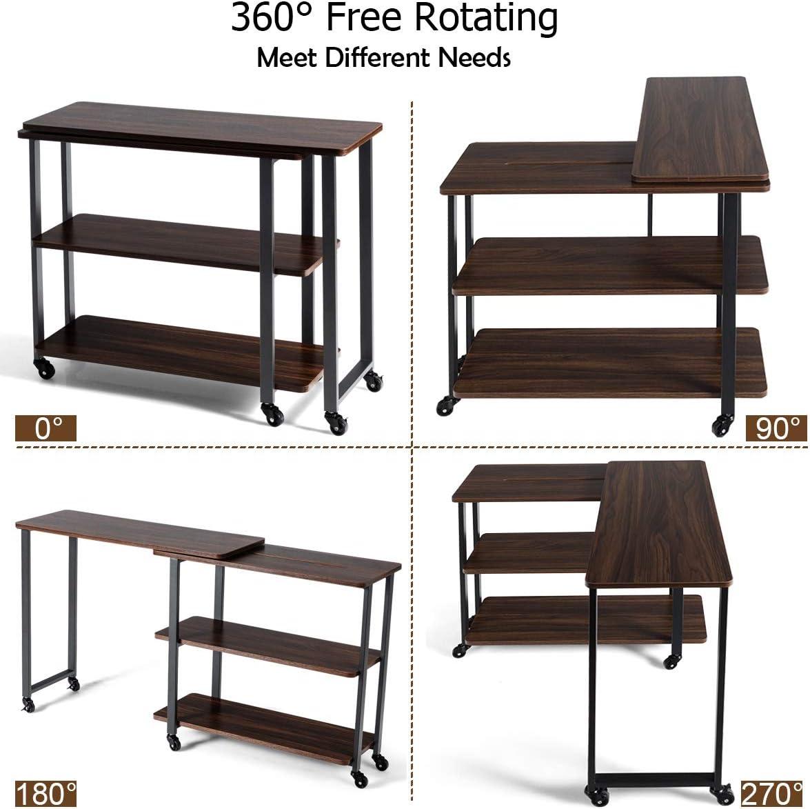 KOTEK 360 ° Rotating Sofa Side Table, Patented L-Shaped Corner Desk with 2-Tier Storage Shelf, Mobile End Table Movable Laptop Table with Casters, for Home Office (Walnut)