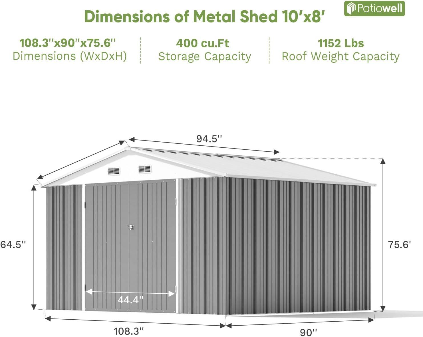 Patiowell  10 x 8 ft. Outdoor Storage Metal Shed with Sloping Roof and Double Lockable Door, Gray