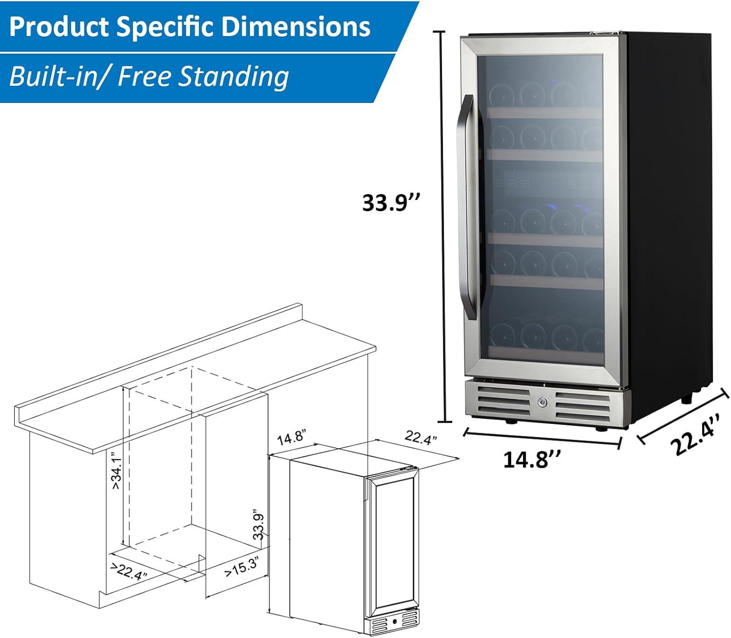 15 Inch Wine Cooler Under Counter, 29 Bottle Dual Zone Wine Fridge Wine Refrigerator with Stainless Steel Digital Temperature Control, Temperature Memory, Built-in or Freestanding Wine Cellar