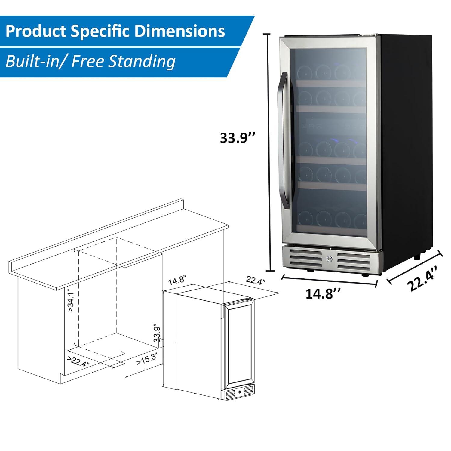 15 Inch Wine Cooler Under Counter, 29 Bottle Dual Zone Wine Fridge Wine Refrigerator with Stainless Steel Digital Temperature Control, Temperature Memory, Built-in or Freestanding Wine Cellar