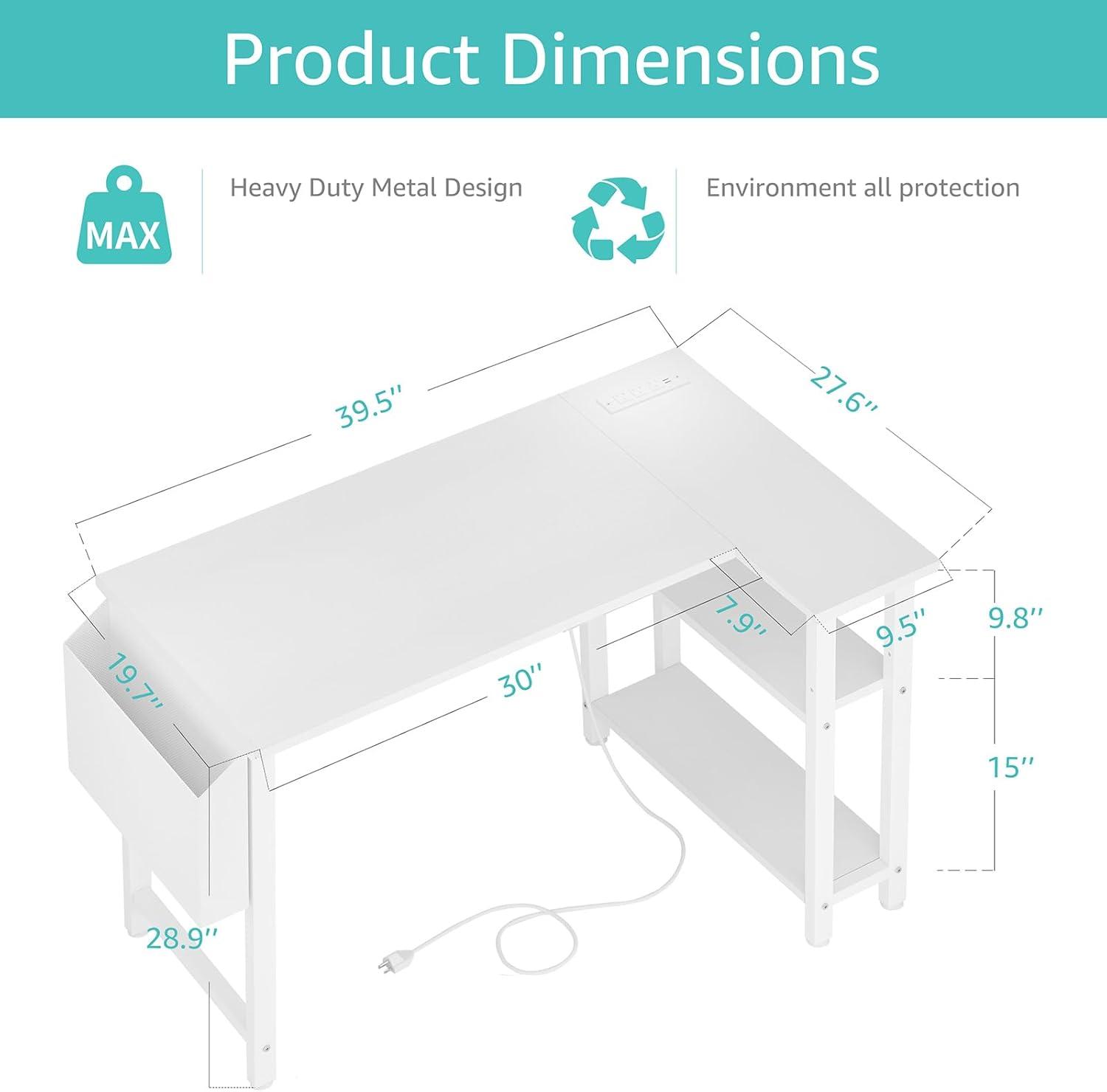 White L Shaped Computer Desk with Power Outlet Shelves, 40 Inch Small Corner Desk for Small Space Home Office, Study Work PC Desks for Bedroom, White