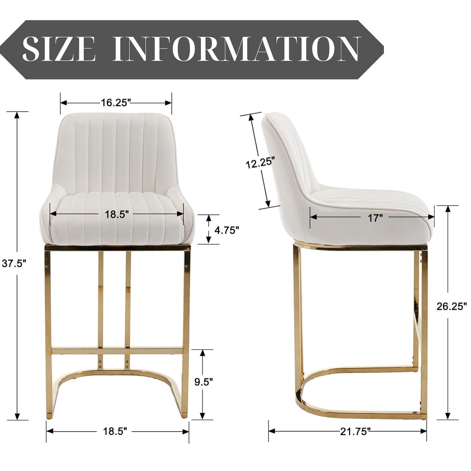 Counter Height Stools Set of 2, Velvet Bar Stools with 27 Inches Upholstered Seat Height, Handmade Woven Back Armrest, Sturdy Golden Metal Legs for Home Dining Pub Kitchen Island, Beige