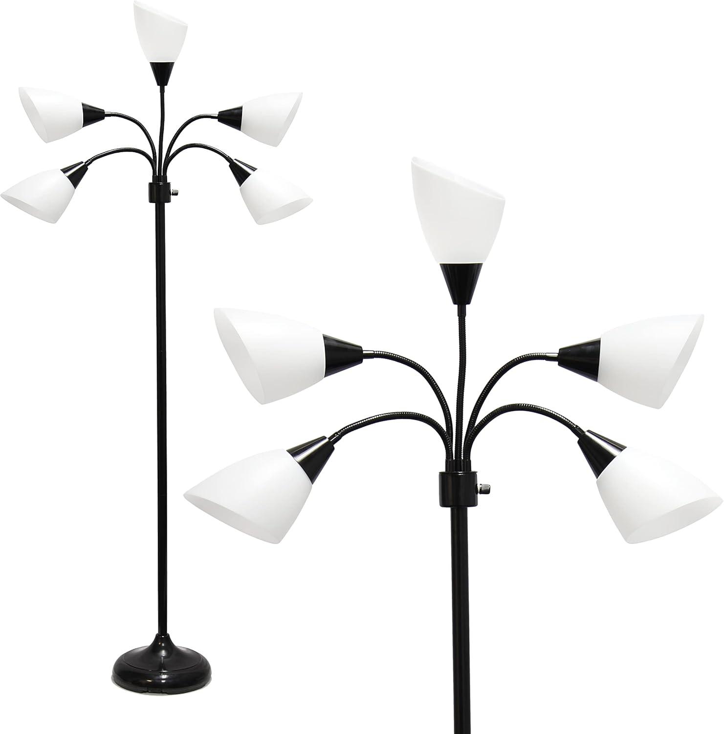 67" Black Adjustable Multi-Head Floor Lamp with White Shades