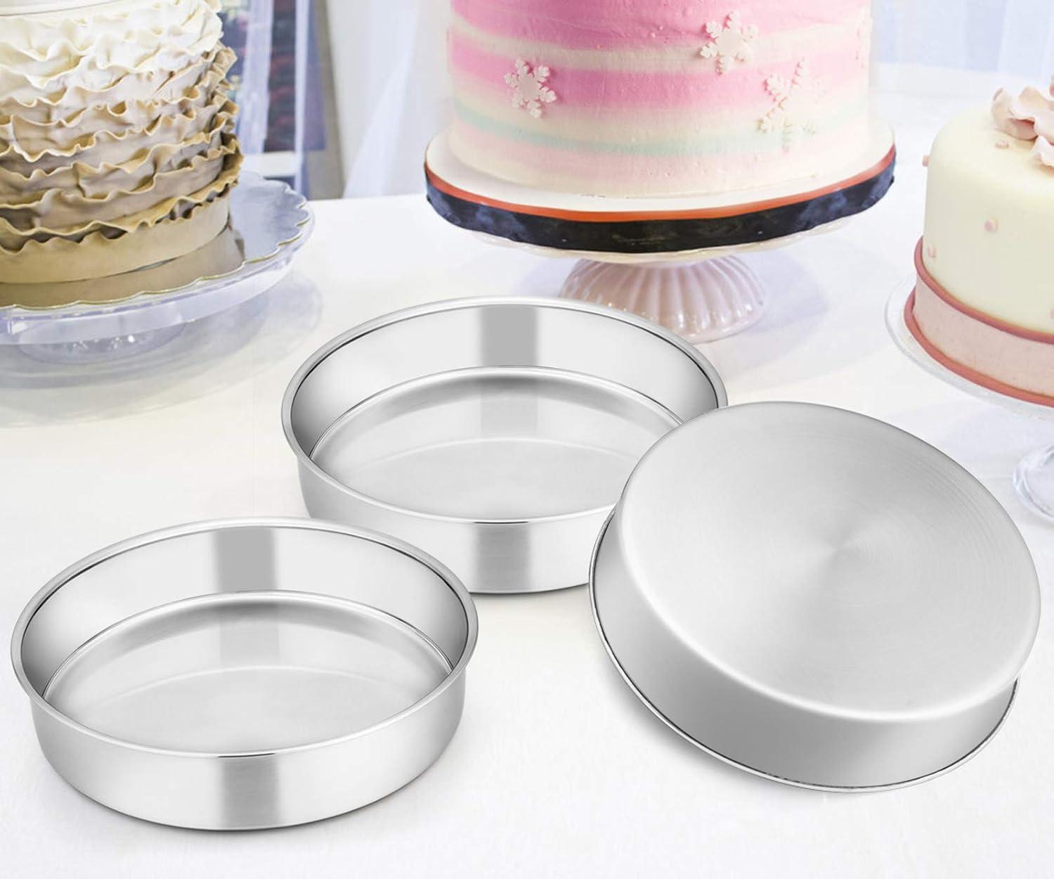 8 inch Cake Pan Set of 3, VeSteel Stainless Steel Round Layer Cake Baking Pans, Non-Toxic & Healthy, Mirror Finish & Dishwasher Safe