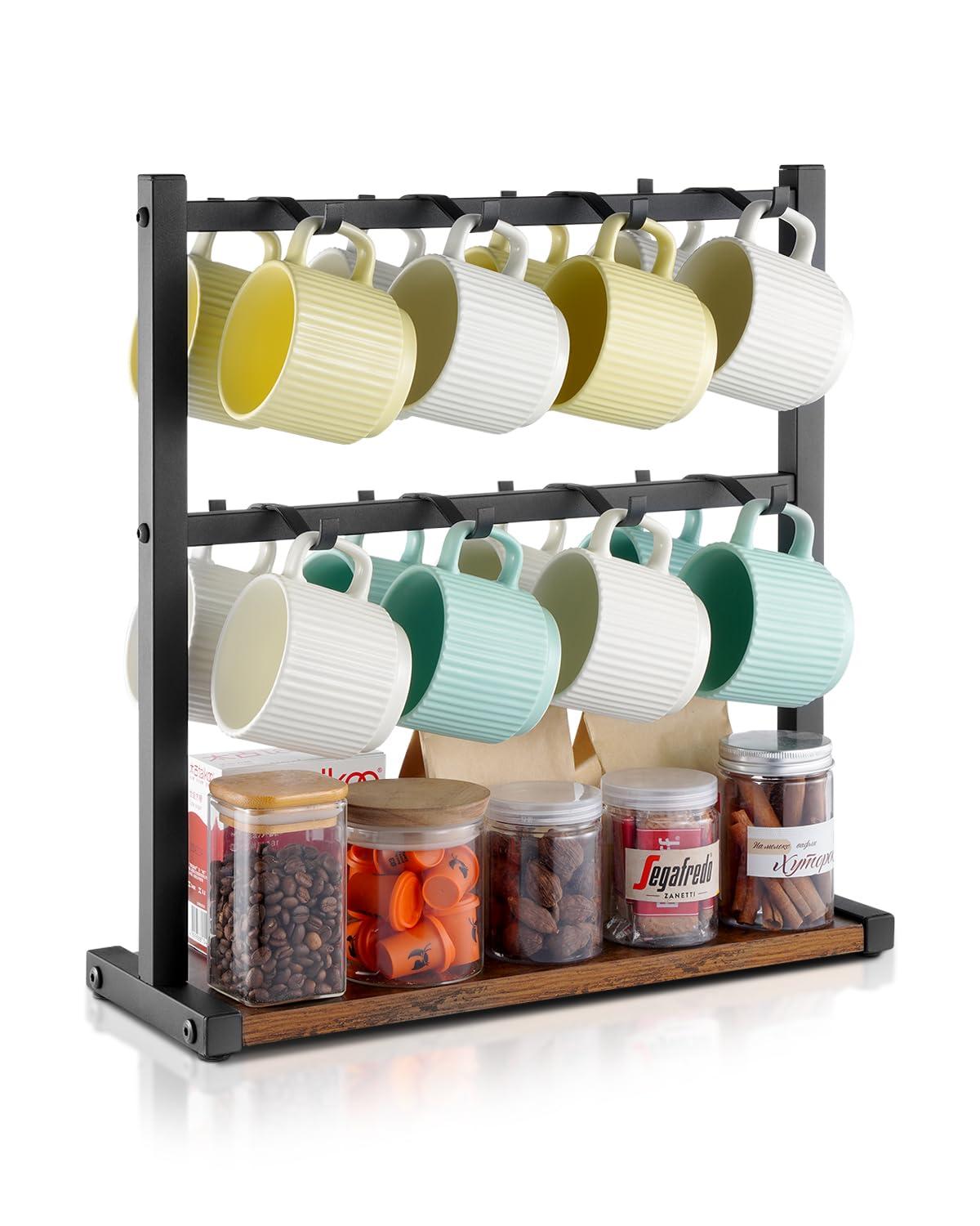 Coffee Mug Holder for Countertop, 16-Hooks Coffee Cup Holder with Storage Base, 2-Tier Mugs Tree Rack Carbon Steel