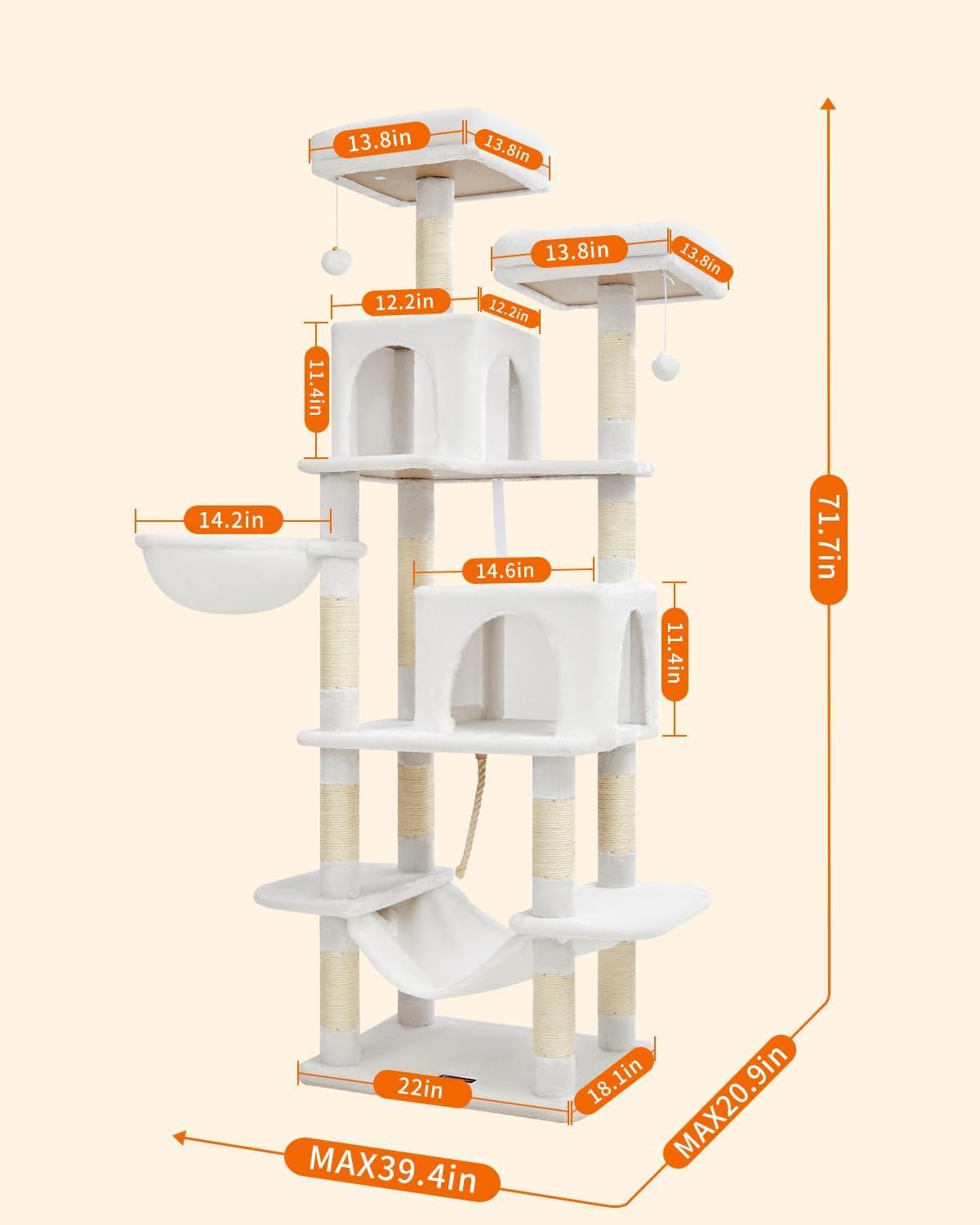 Tucker Murphy Pet™ Cat Tree, 71.7-Inch Cat Tower For Indoor Cats, Plush Multi-Level Cat Condo With 13 Scratching Posts, 2 Perches, 2 Caves, Hammock, 2 Pompoms, Cream White MS013LC