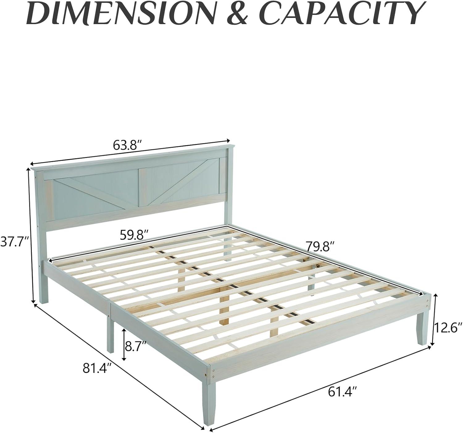 Gray Wood Bed Frame Queen Size Platform Bed with Headboard