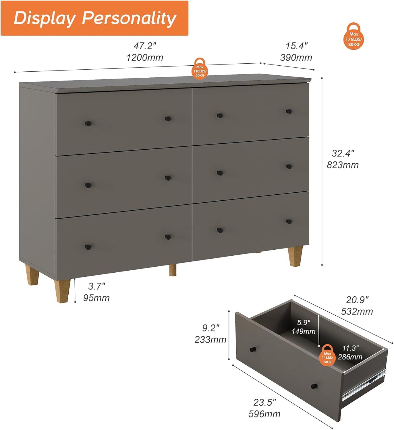 6 Drawers Dresser for Bedroom, Modern Wide Double Dressers with Chest of Drawers, Wooden Closet Organizer, Dark Grey