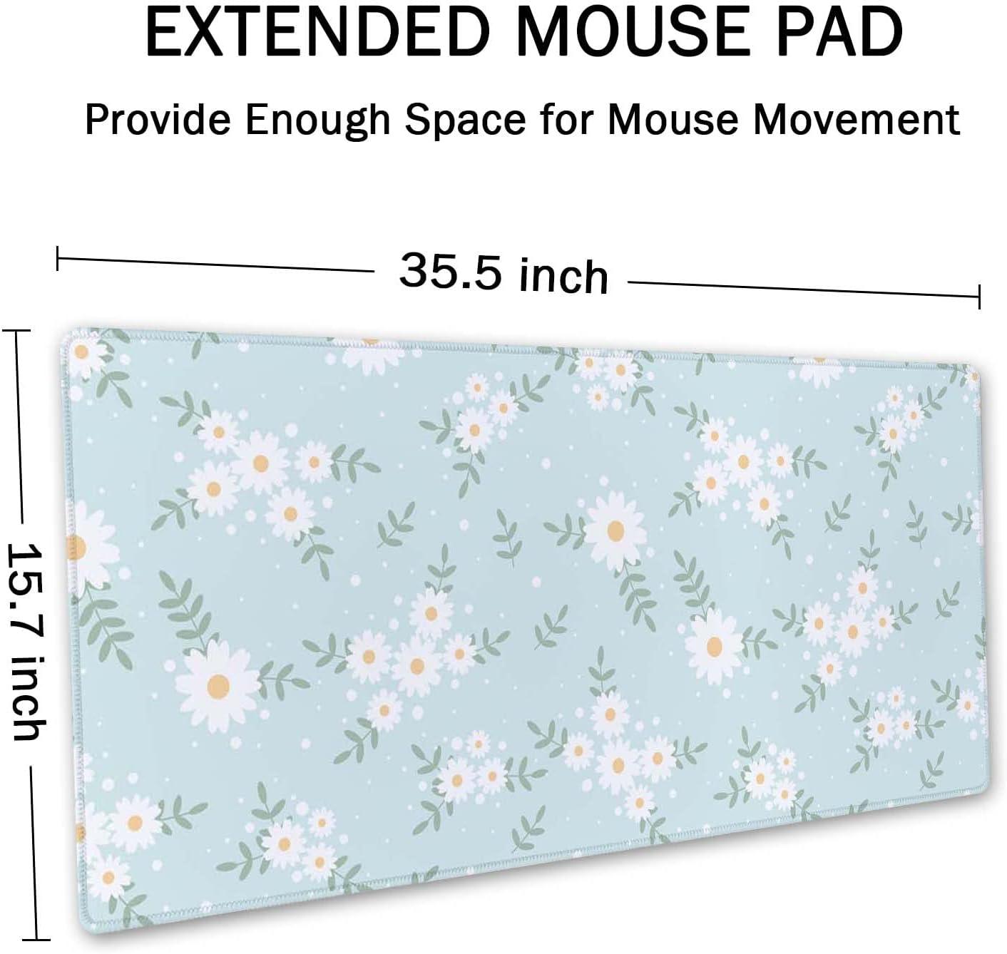 SSOIU Cute Spring Flowers Desk Mat, White Daisy Flower Mat, Extra Large Home Office Cute Accessories, Extended Mouse Pad, XXL Gaming Mouse Pad 35.5" X 15.7"