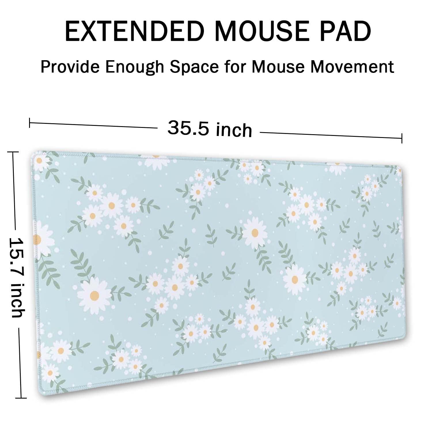 SSOIU Cute Spring Flowers Desk Mat, White Daisy Flower Mat, Extra Large Home Office Cute Accessories, Extended Mouse Pad, XXL Gaming Mouse Pad 35.5" X 15.7"