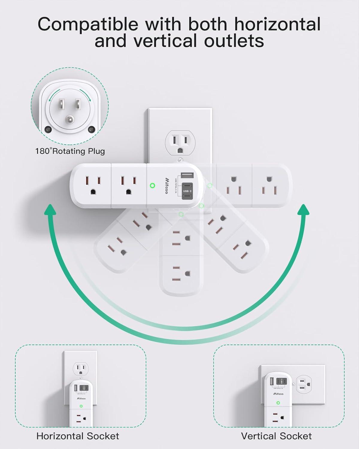 Cruise Ship Essentials - Outlet Extender with Rotating Plug, 6 AC Outlets with USB Charging Ports, Multi Plug Wall Outlet USB C Charger Hub, Non Surge Protector Non Extension Cord