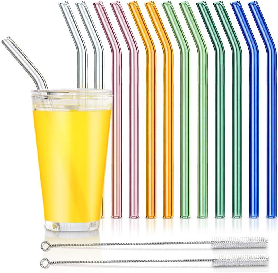 Reusable Glass Straws, Bent Glass Drinking Straws with 2 Cleaning Brushes, Colorful Straws for Smoothies, Milkshakes, Juice(Multicolor, 12 Pack)