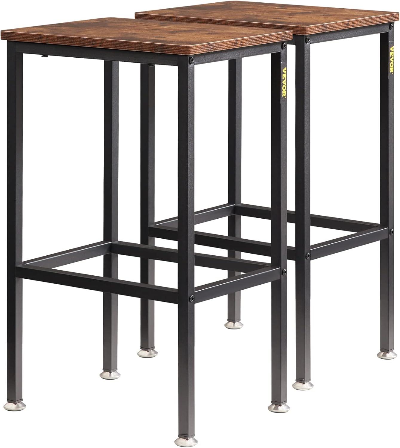 VEVOR Rustic Bar Stools, 25.6” Tall Rectangle Seat, Set of 2 Bar Chairs with Footrest Steel Frame Adjustable Feet, Wooden Industrial Kitchen Stool for Kitchen Dining Living Room, Rustic Brown