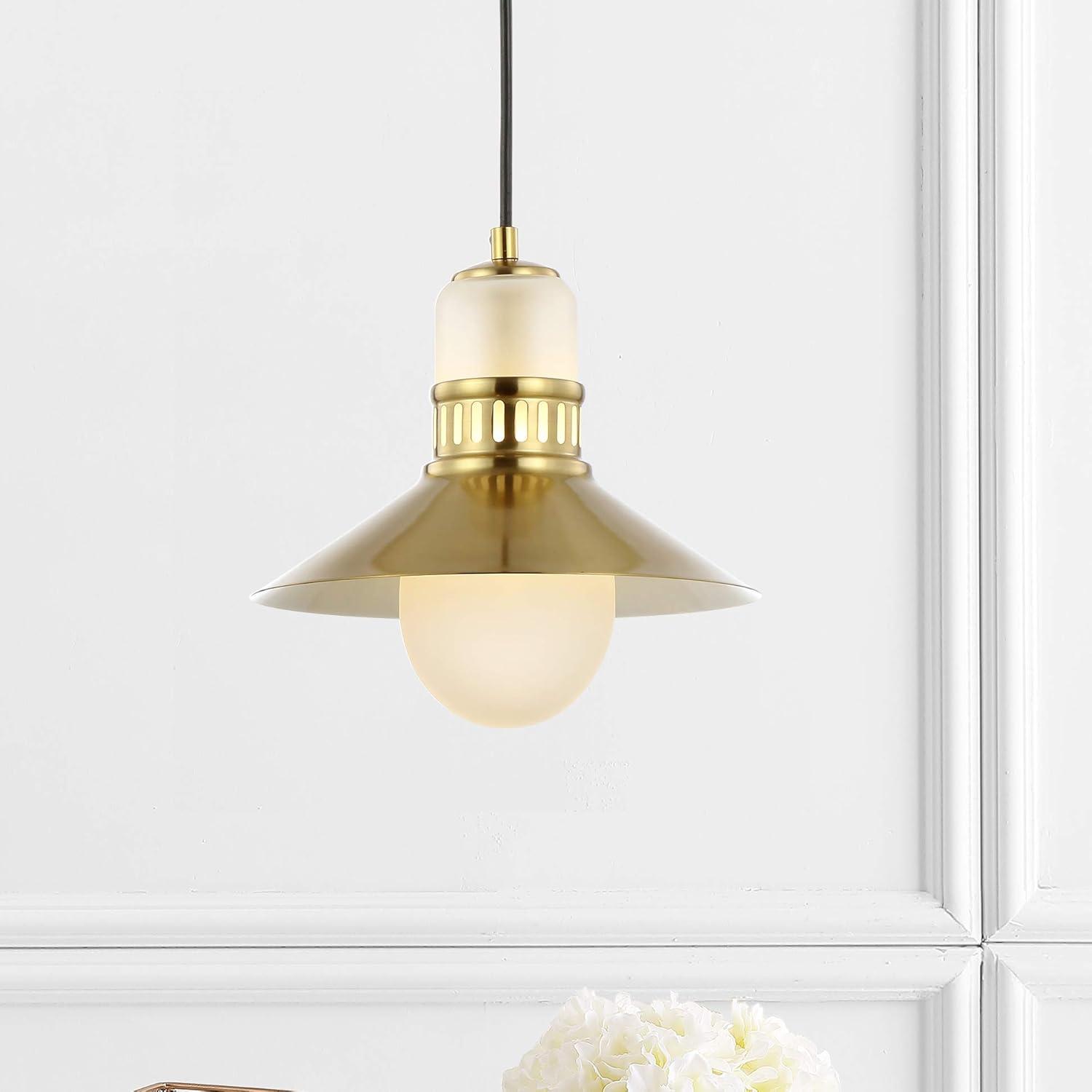 JONATHAN Y Colin 9.75" Adjustable Iron/Glass Retro Hurricane LED Pendant, Brass Gold