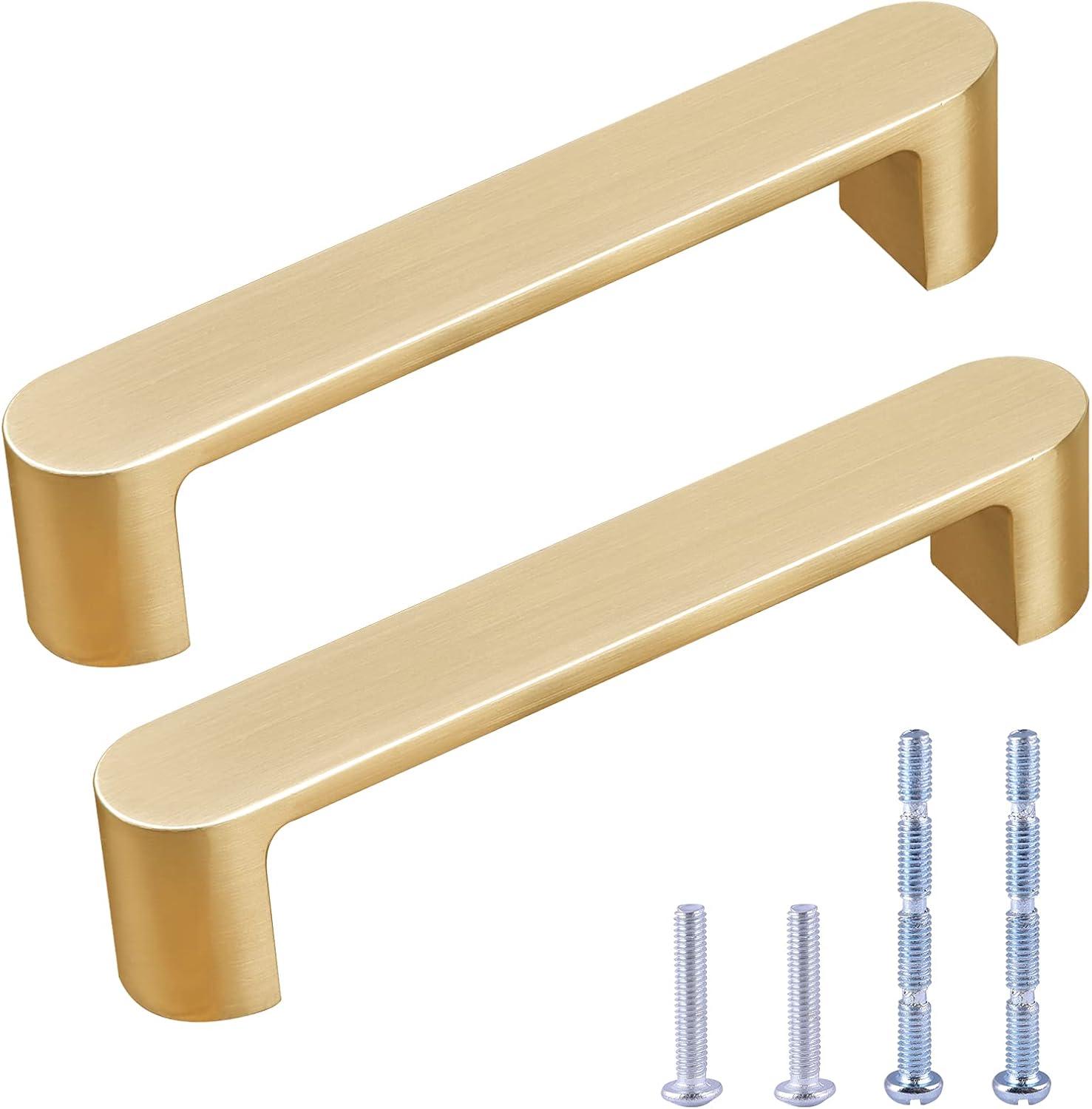 2 Pack Brushed Brass Cabinet Handles, 3-3/4" Hole Centers Drawer Pulls Solid Zinc Alloy Cabinet Pulls Furniture Kitchen Cupboard Hardware