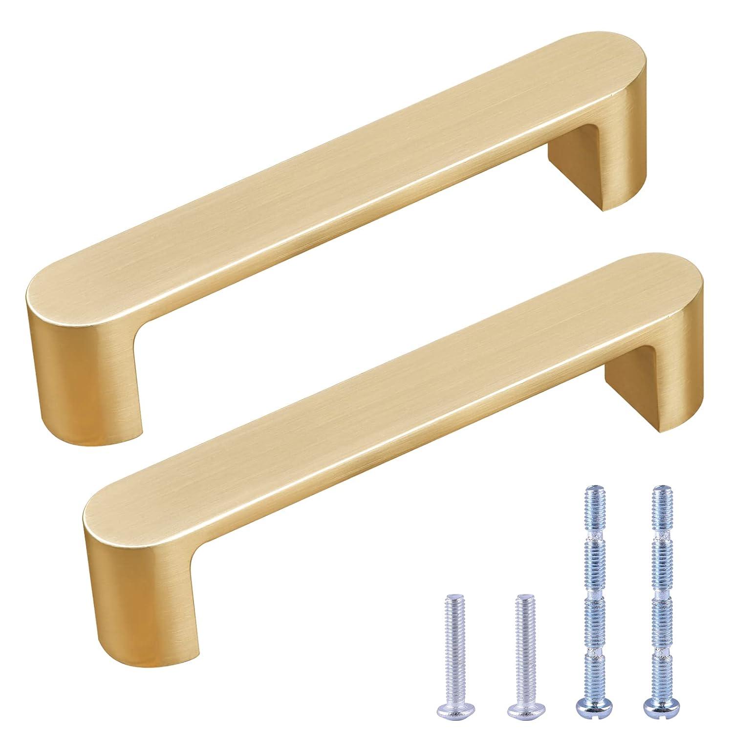 2 Pack Brushed Brass Cabinet Handles, 3-3/4" Hole Centers Drawer Pulls Solid Zinc Alloy Cabinet Pulls Furniture Kitchen Cupboard Hardware