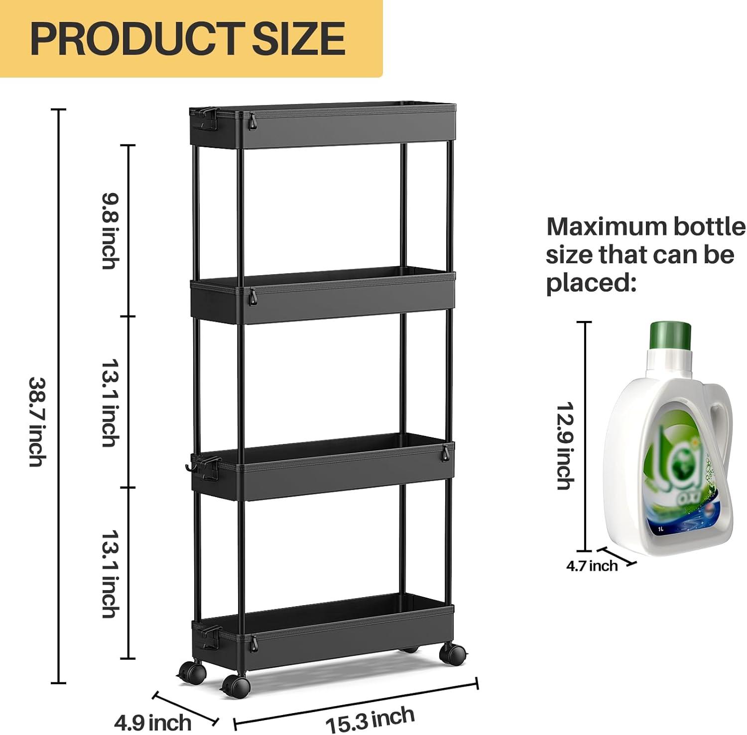 Black 4-Tier Rolling Storage Cart with Adjustable Shelves