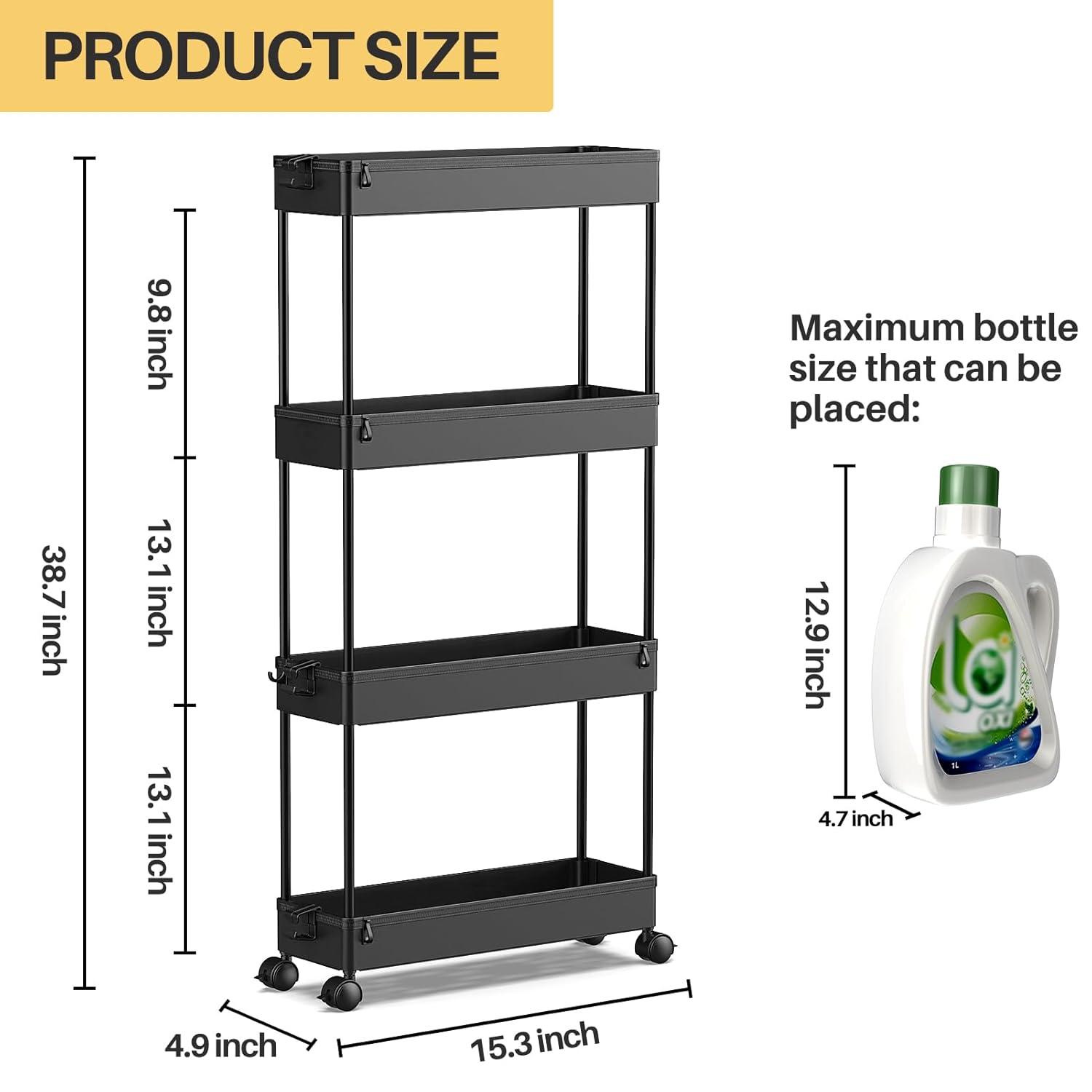 Black 4-Tier Rolling Storage Cart with Adjustable Shelves