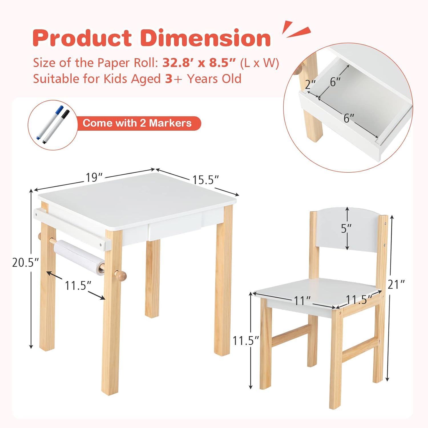 GVN Kids Art Table and Chair Set with Drawer Paper Roll and 2 Markers-White, Kids Desk and Chair Set for Arts & Crafts, Snack Time, Homeschooling, Homework