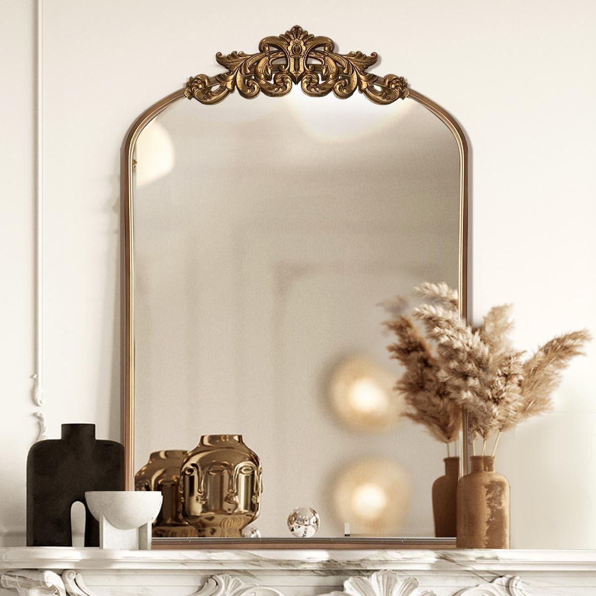 BohoBliss 24"X36" Gold Vintage Mirror for Wall, Antique Arch Mirror, Victorian Ornate Baroque Mirror for Wall, Mantel, Fireplace, Living Room, Hallway, Bathroom, Bedroom, Entryway
