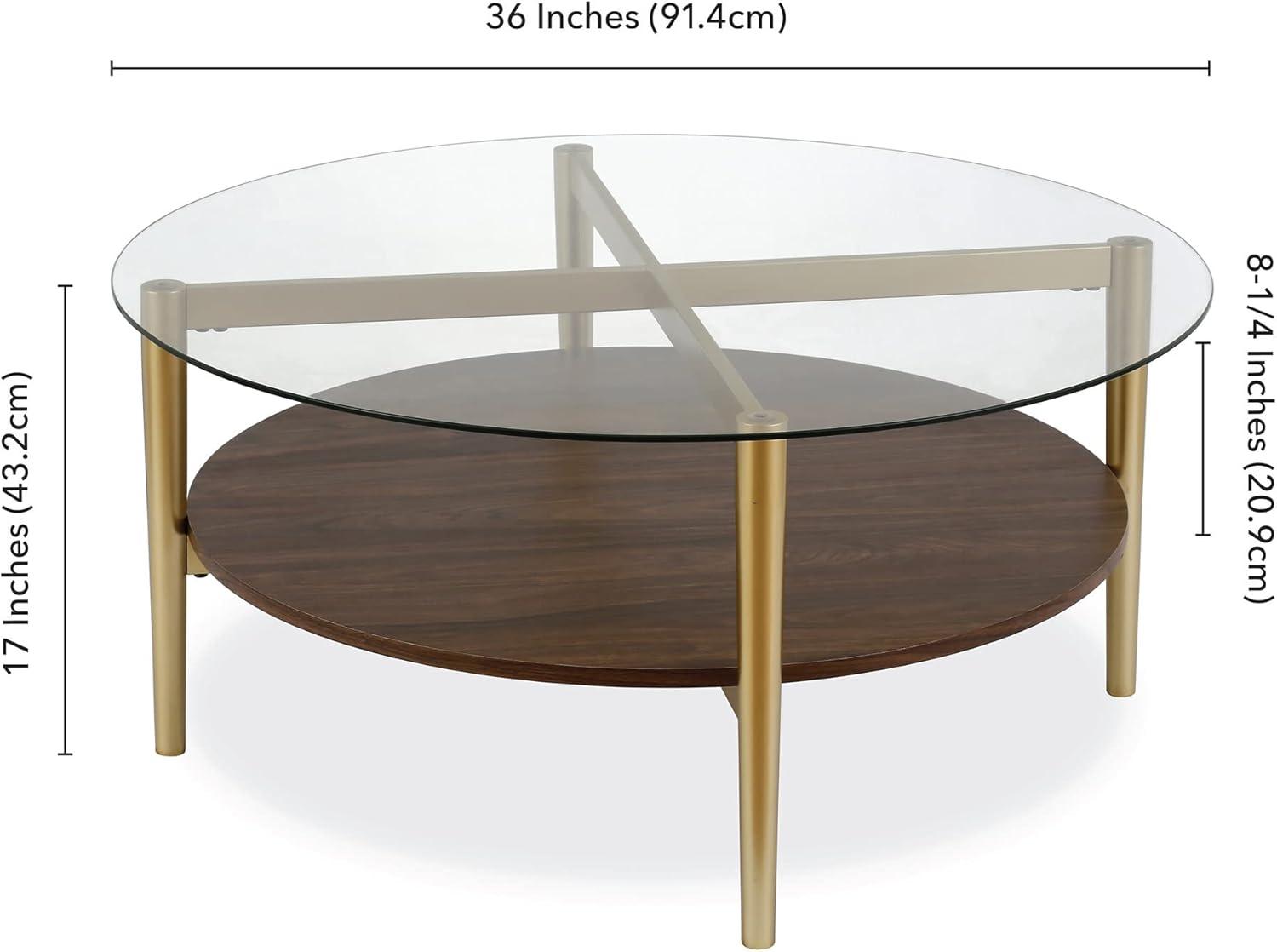 Evelyn&Zoe Otto 36" Wide Round Coffee Table with MDF Shelf, Gold/Walnut