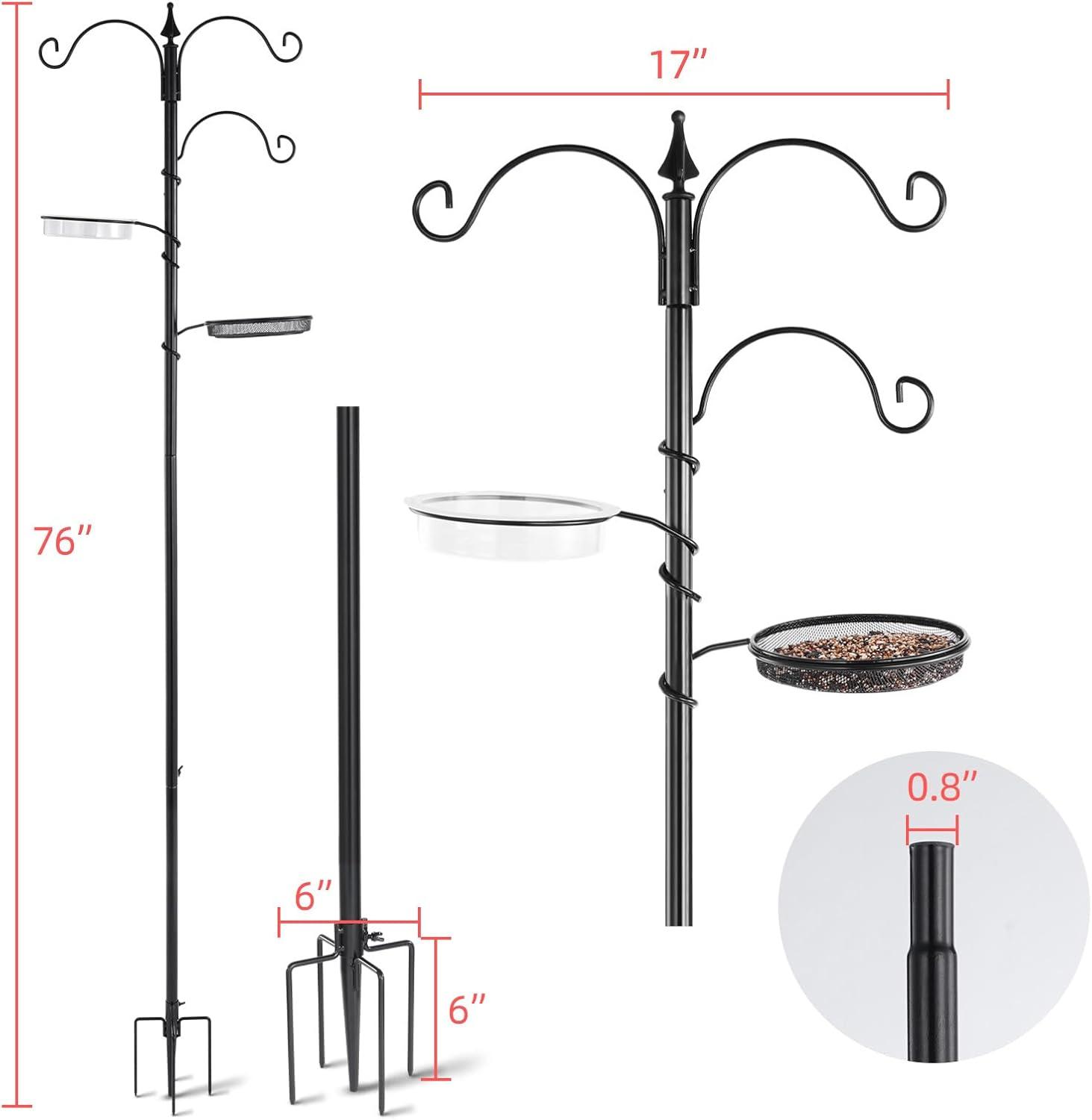 Bird Feeding Station Kit - 77" Bird Feeder Pole with 5 Prong Base, Wild Bird Feeder Stand for Outdoors Hanging Bird Feeders - Black