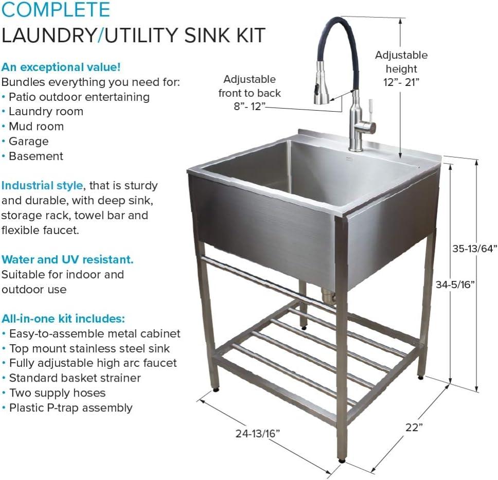 Transolid 25 in. x 22 in. Farmhouse Laundry Sink with Wash Stand in Brushed Satin