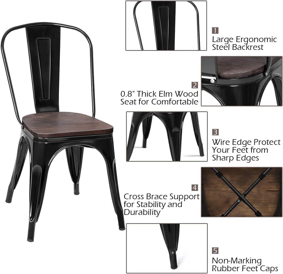 LUARANE 18 Inch Dining Chair Set of 4, Vintage Industrial Stackable Counter Metal Bar Chairs, w/High Backrest Wood Seat Surface, for Home Kitchen Cafe Bar Use (Black)