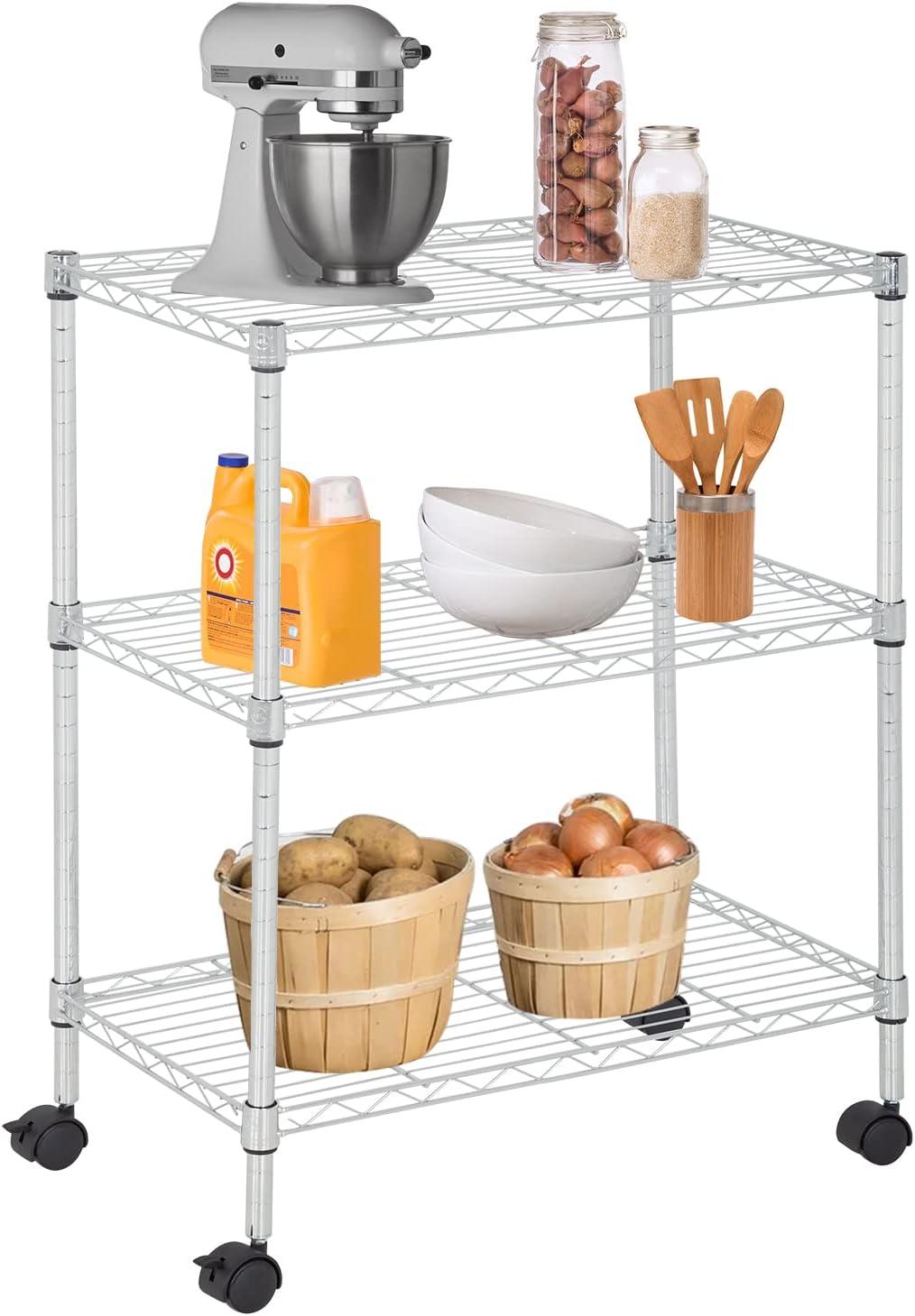 Bestoffice 3 Tier Wire Shelving 23x13 x32 Layer Storage Shelves with Wheels for Small Places,Chrome