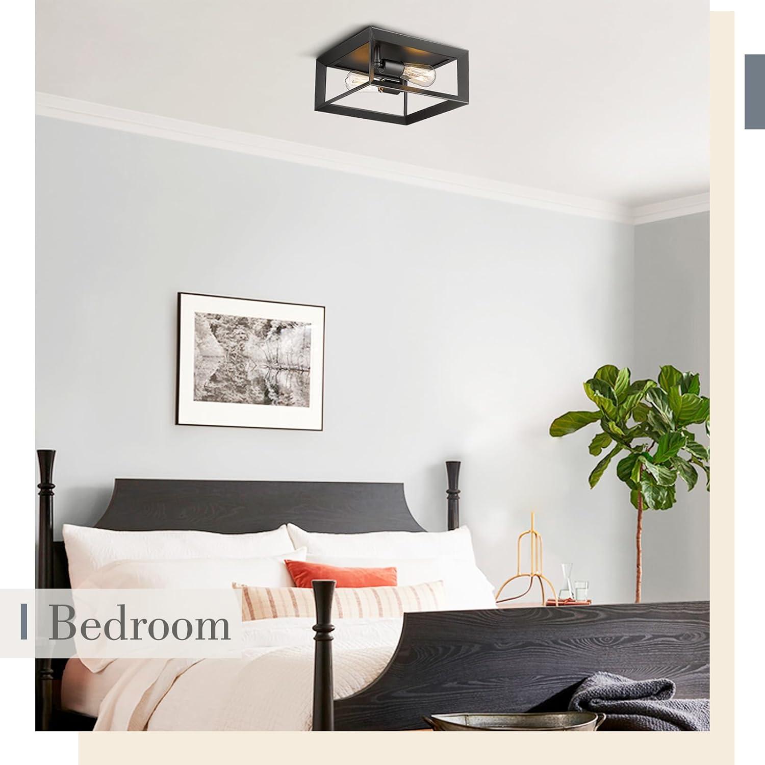 Emliviar 2-Light Flush Mount Ceiling Light, 11 Inch Farmhouse Ceiling Light Fixture for Bedroom, Black Finish with Aluminum Frame, 3040-2 BK