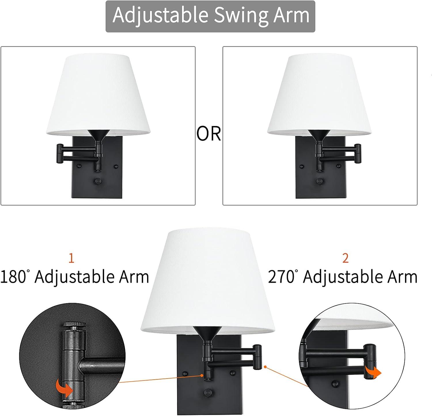 Black Metal Swing Arm Wall Sconce with White Fabric Shade