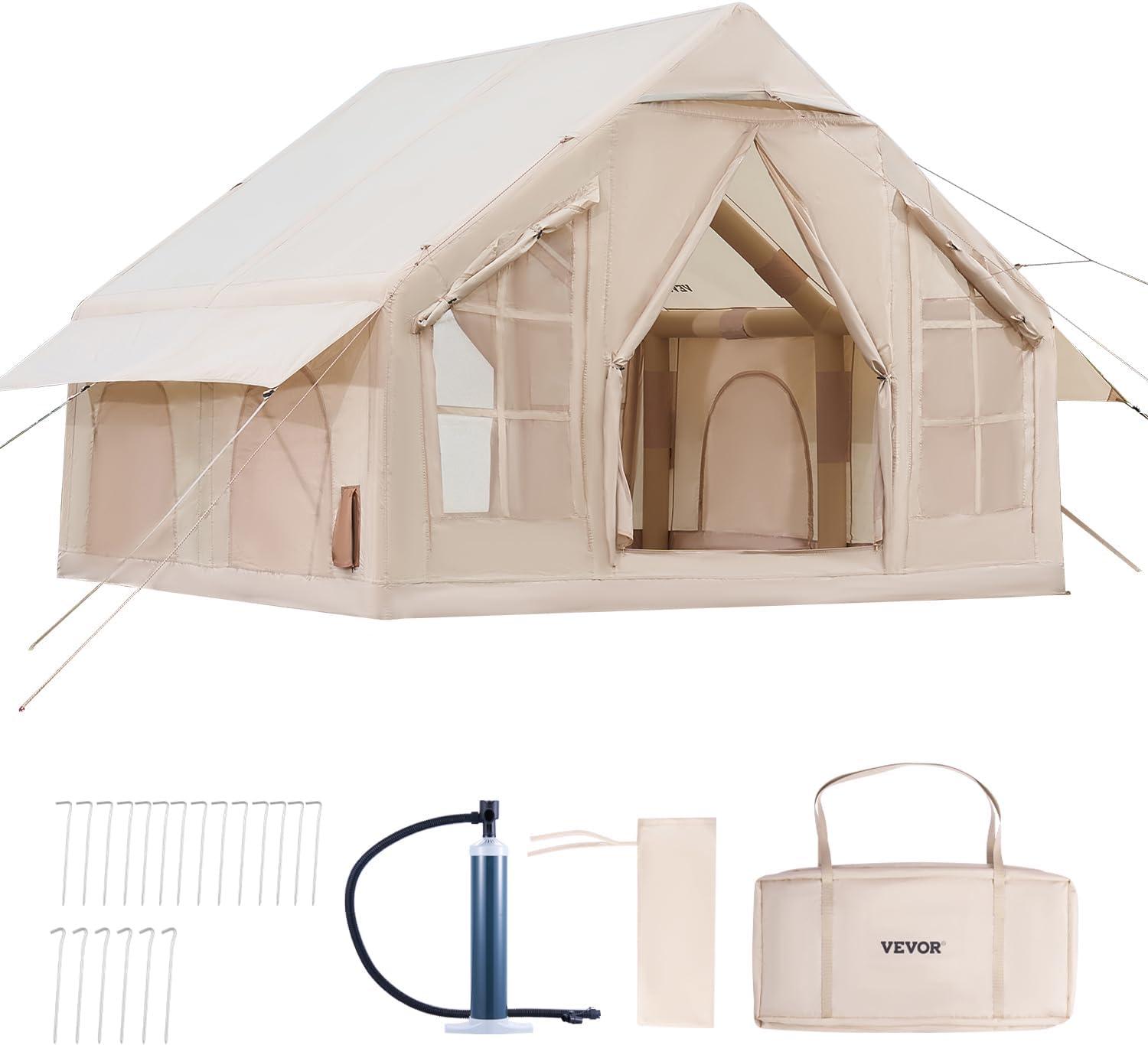VEVOR Inflatable Tents for Camping, 4-6 Person Easy Setup Blow up Tent with Hand Pump,300D Oxford 4 Season Glamping Tent with Stove Jack 2 Doors & 4 Mesh Windows,Storage Bag Included for Easy Taking