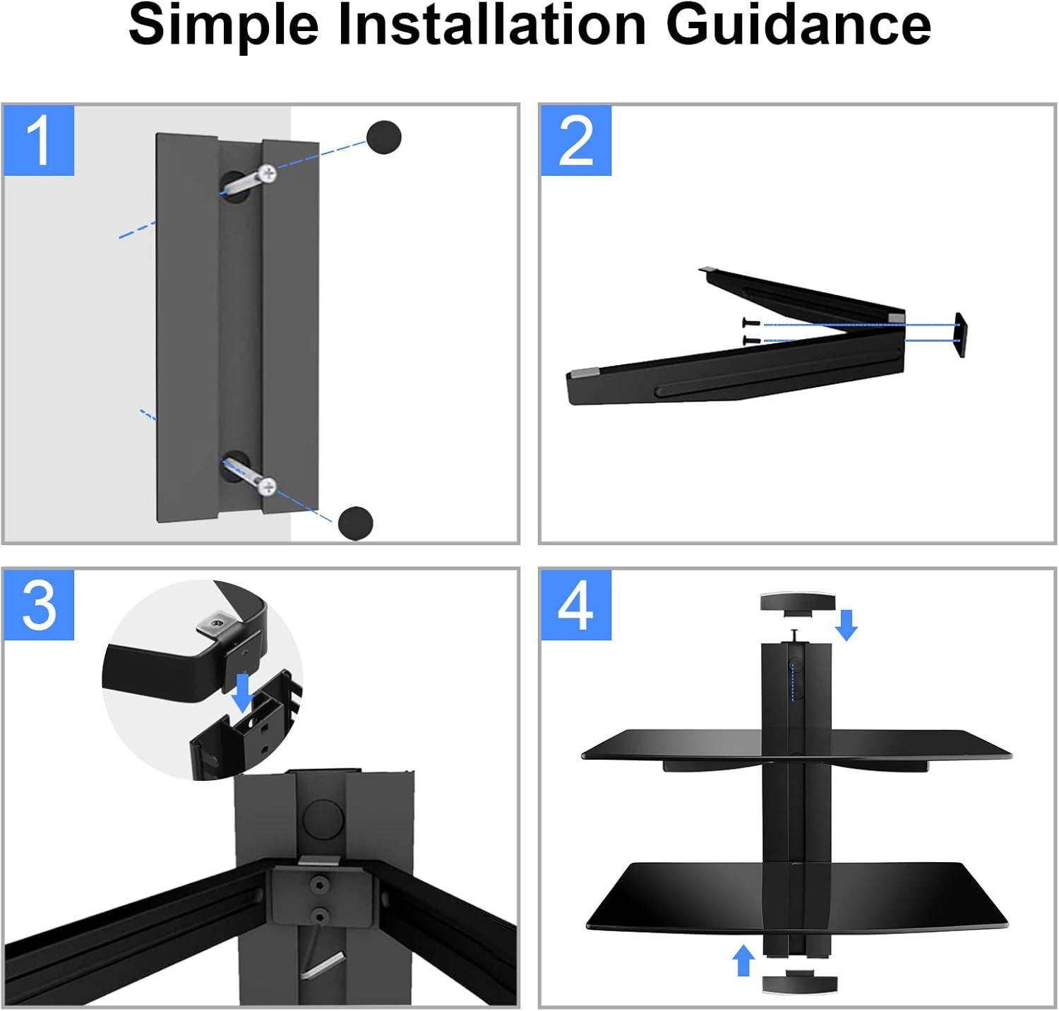 Suptek Glass Floating Shelves, TV Wall Mount with Shelf for DVD Player / PS4 / Cable Boxes/Game Consoles/Sky Box/TV Accessories, Flat Black 2-Tier Wall Mount Bracket
