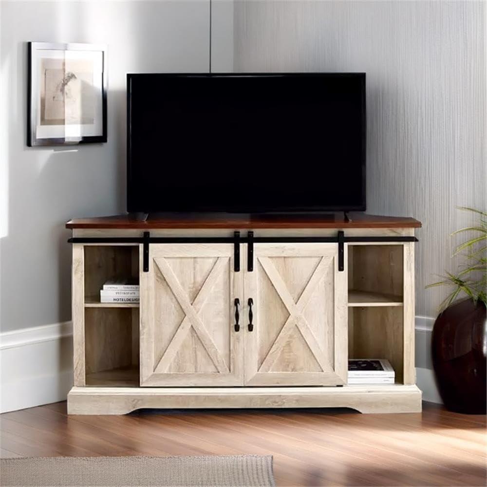 Traditional Brown and White Oak Corner TV Stand with Sliding Barn Doors