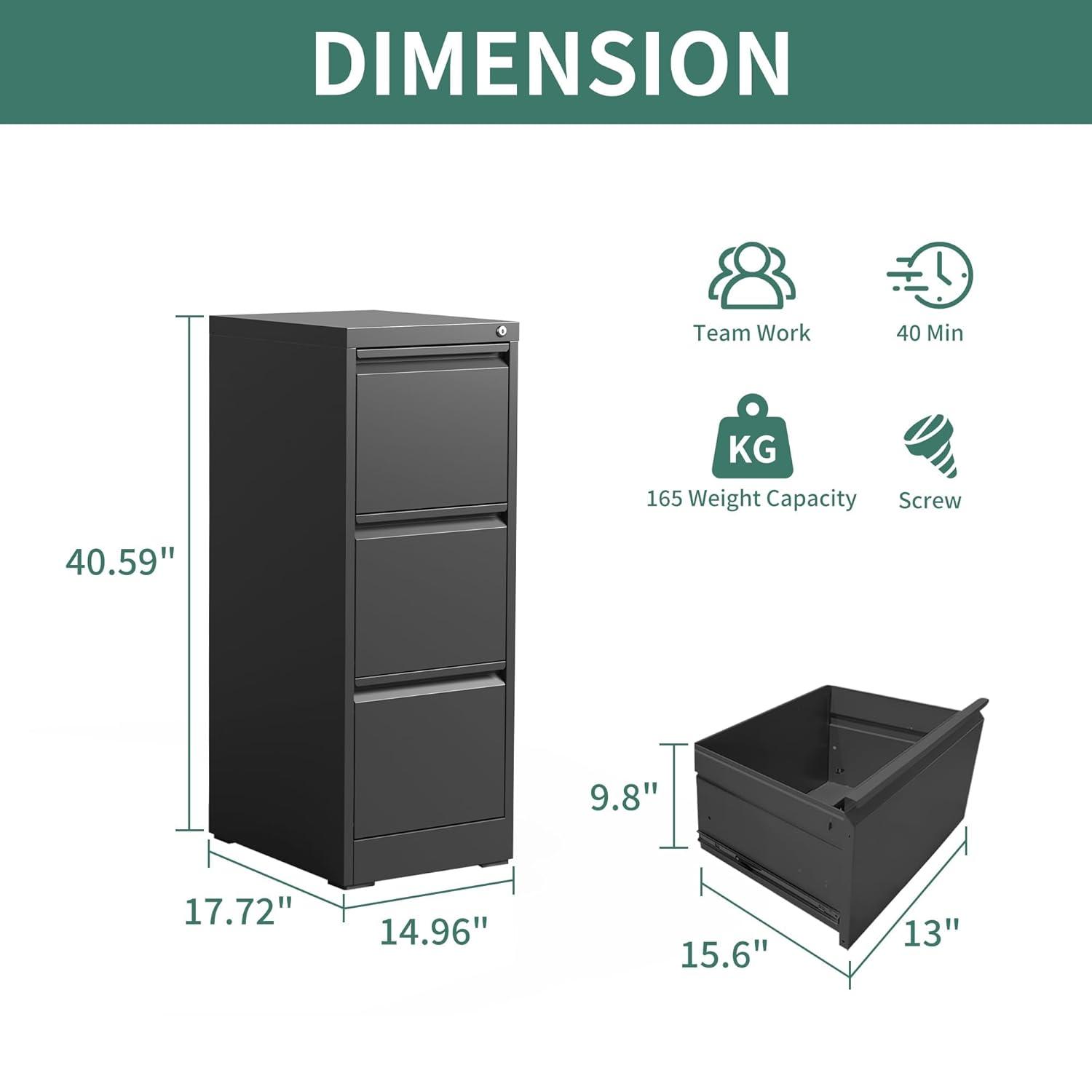 3 Drawer File Cabinet with Lock Metal Vertical File Cabinet Office Home Narrow File Cabinet for A4 Legal/Letter Size,Assembly Required (Black, 3 Drawers-Vertical)