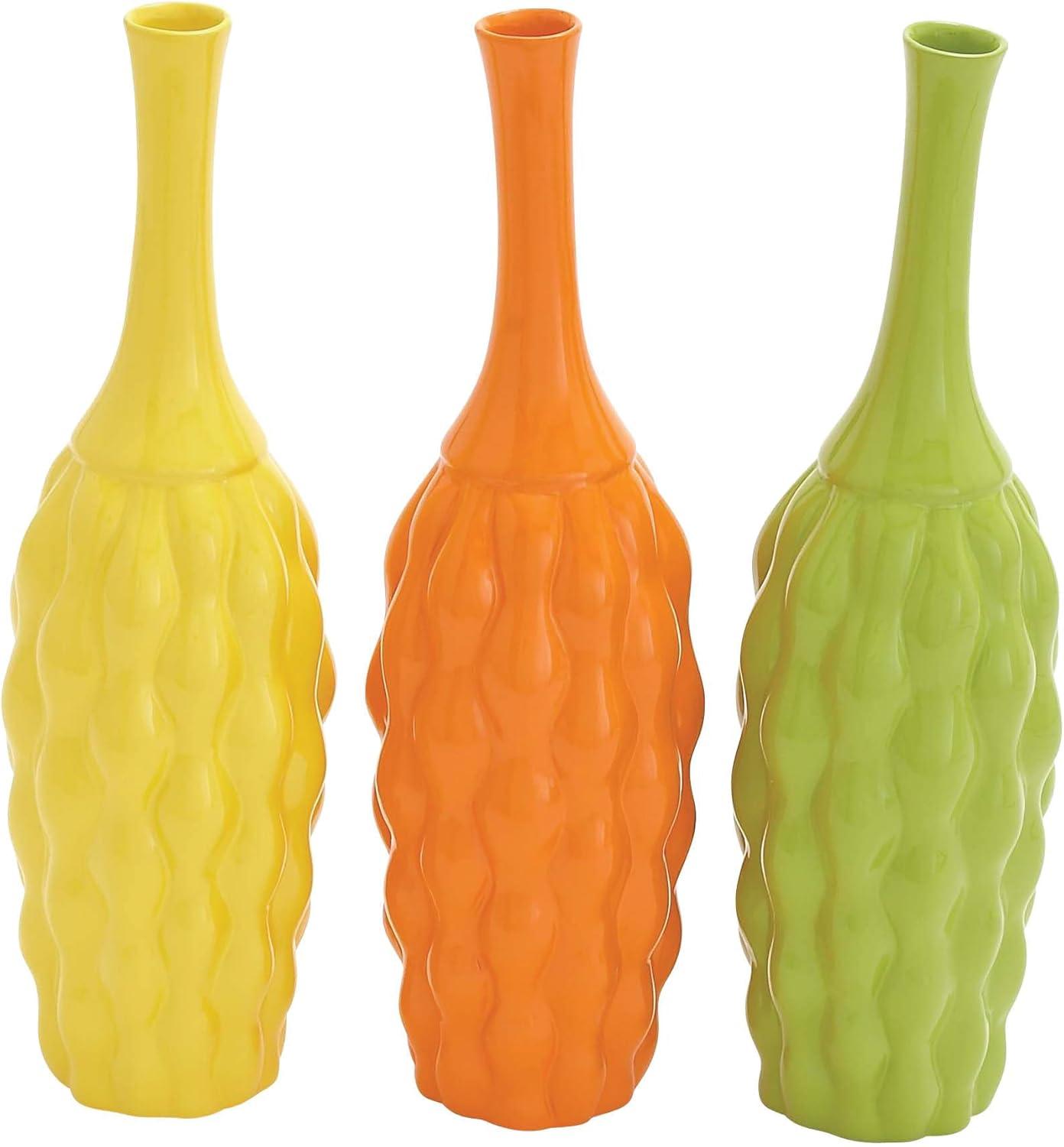 Coastal Charm 18" Trumpet Ceramic Vase Trio in Yellow, Orange, and Green