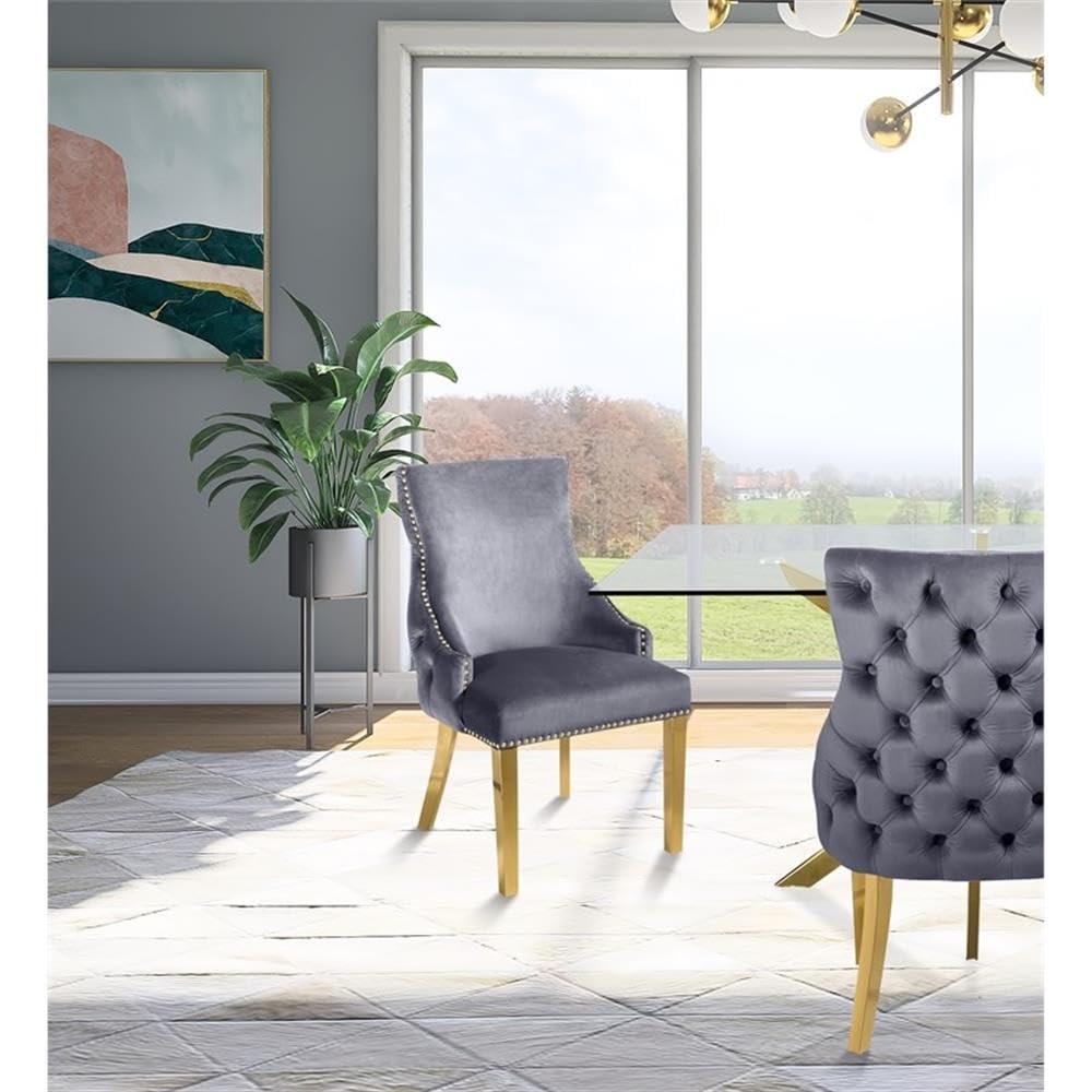 Meridian Furniture Tuft Gray Velvet Dining Chair in Gold Finish (Set of 2)