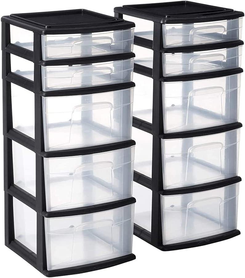 GHF Plastic 5 Clear Drawer Medium Home Organization Storage Container Tower with 3 Large Drawers and 2 Small Drawers, Black Frame