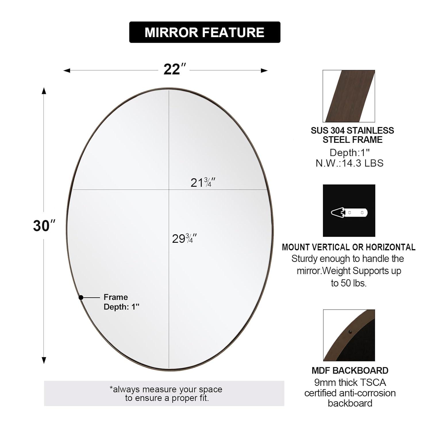 ANDY STAR Modern Decorative 22 x 30 Inch Oval Wall Mounted Hanging Bathroom Vanity Mirror with Stainless Steel Metal Frame, Brushed Bronze