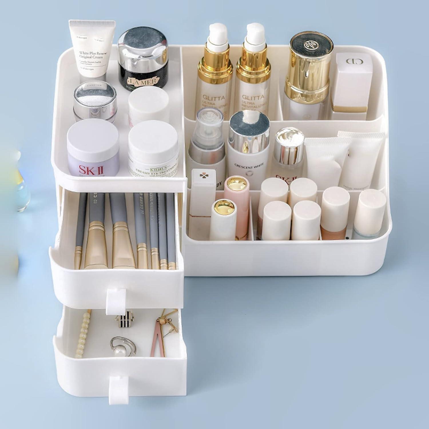 skin care organizer,Makeup Desk Organizer With Drawers,Countertop Organizer for Cosmetics,Vanity brush with Holder for Lipstick, Brushes, Eyeshadow, and Jewelry Desktop Finishing Dresser (White)
