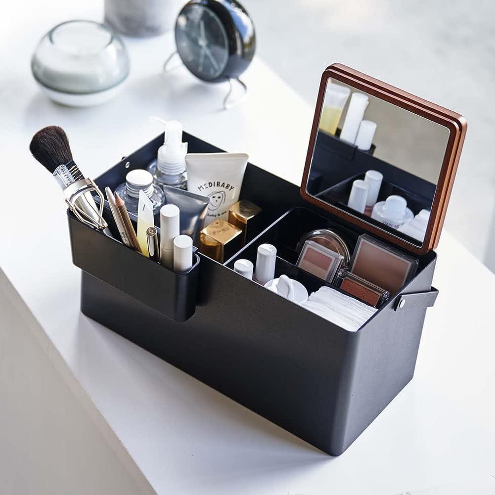 Yamazaki Home Large Makeup Organizer Cosmetic Caddy With Handle Vanity Storage Mirror, Steel + Wood