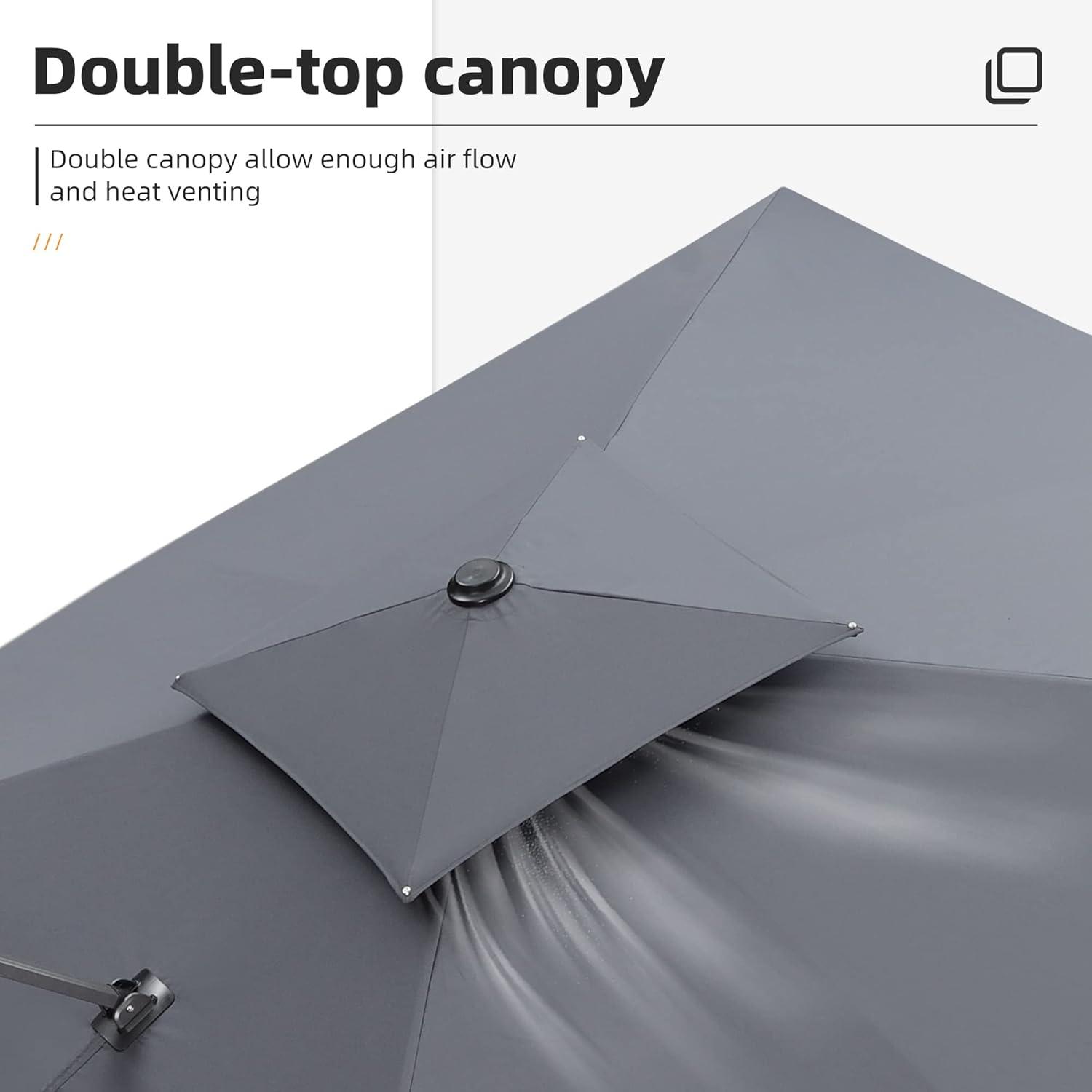 PURPLE LEAF 10' X 13' Patio Umbrella, Rectangle Outdoor Cantilever Umbrella, Aluminum Offset Umbrella with Champagne Frame and 360° Rotation for Pool Deck Garden, Grey