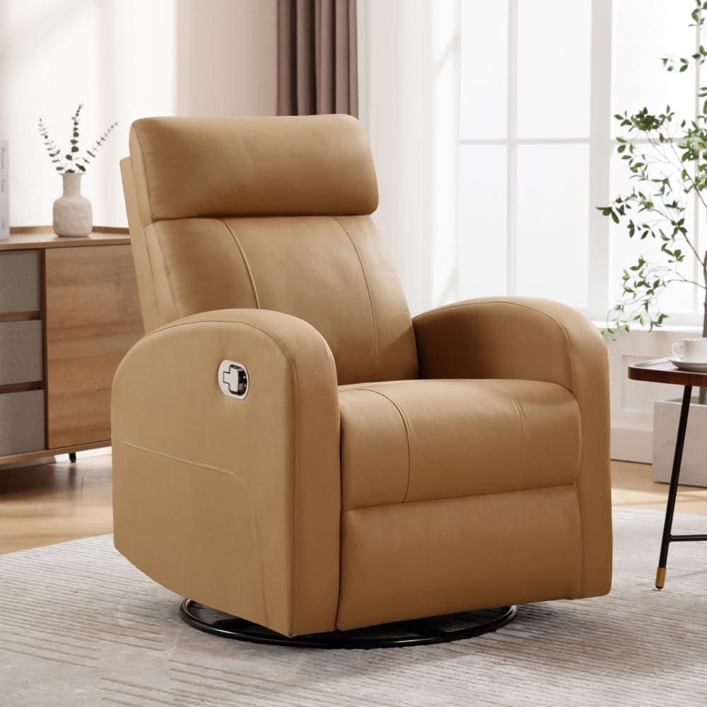 Swivel Rocker Recliner Chair, Manual Leather Recliner, Glider Rocking Recliner Chair 360°Swivel Nursery Reclining Chair with Adjustable Headrest/Highback for Living Room, Brown